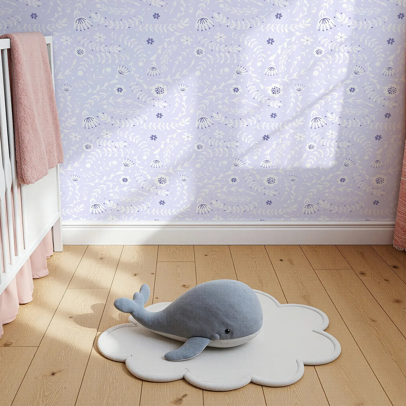 Top-Down view of Whimsy Tots' Spring Meadow Whispers Wallpaper in Lavender (W3089E).White florals and vines float softly across a lilac sky.