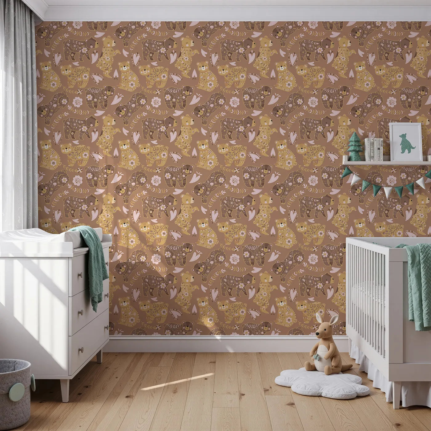 Front view of Whimsy Tots' Floral Snuggle Bears Wallpaper in Mocha Brown