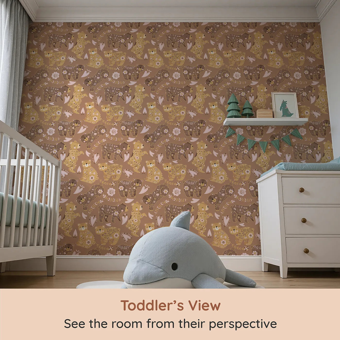 Whimsy Tots Floral Snuggle Bears Wallpaper in Mocha Brown (W3090A) from your child's view.Playful bears with floral fur nap and smile across a warm brown forest.