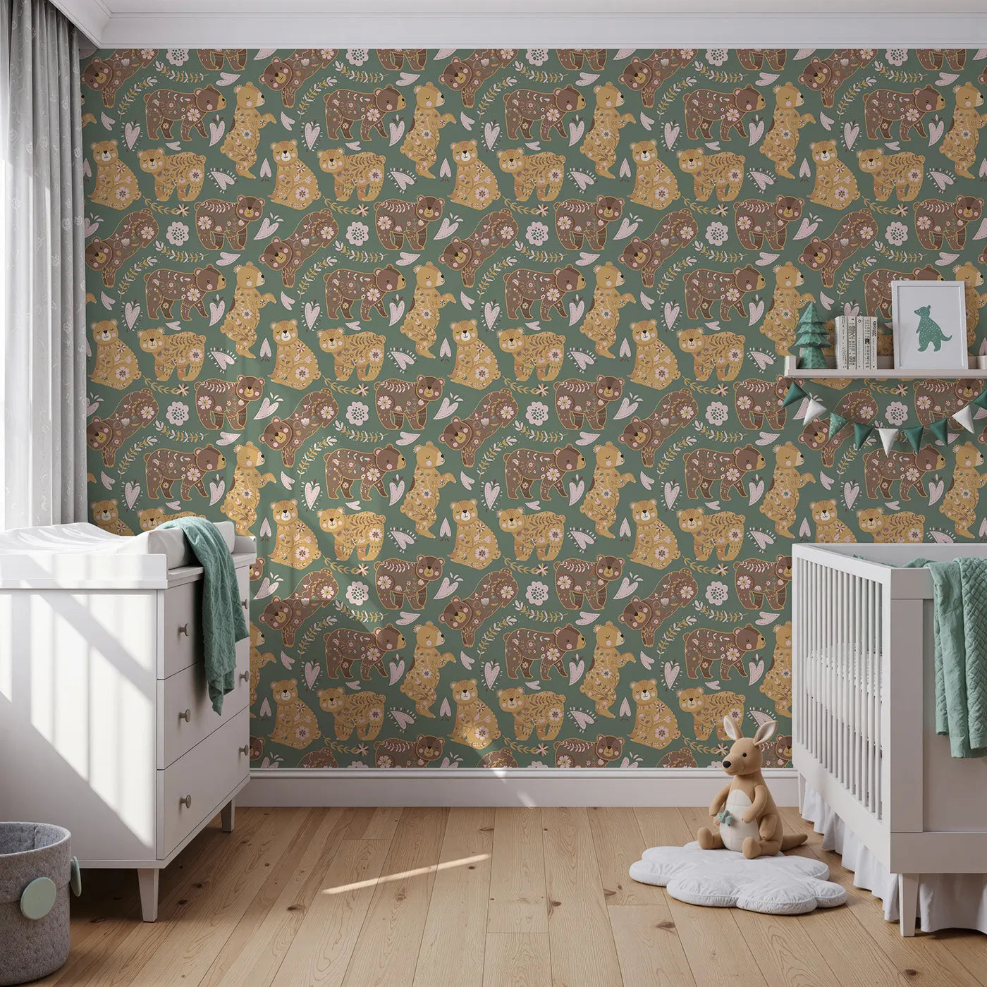 Front view of Whimsy Tots' Floral Snuggle Bears Wallpaper in Forest Green