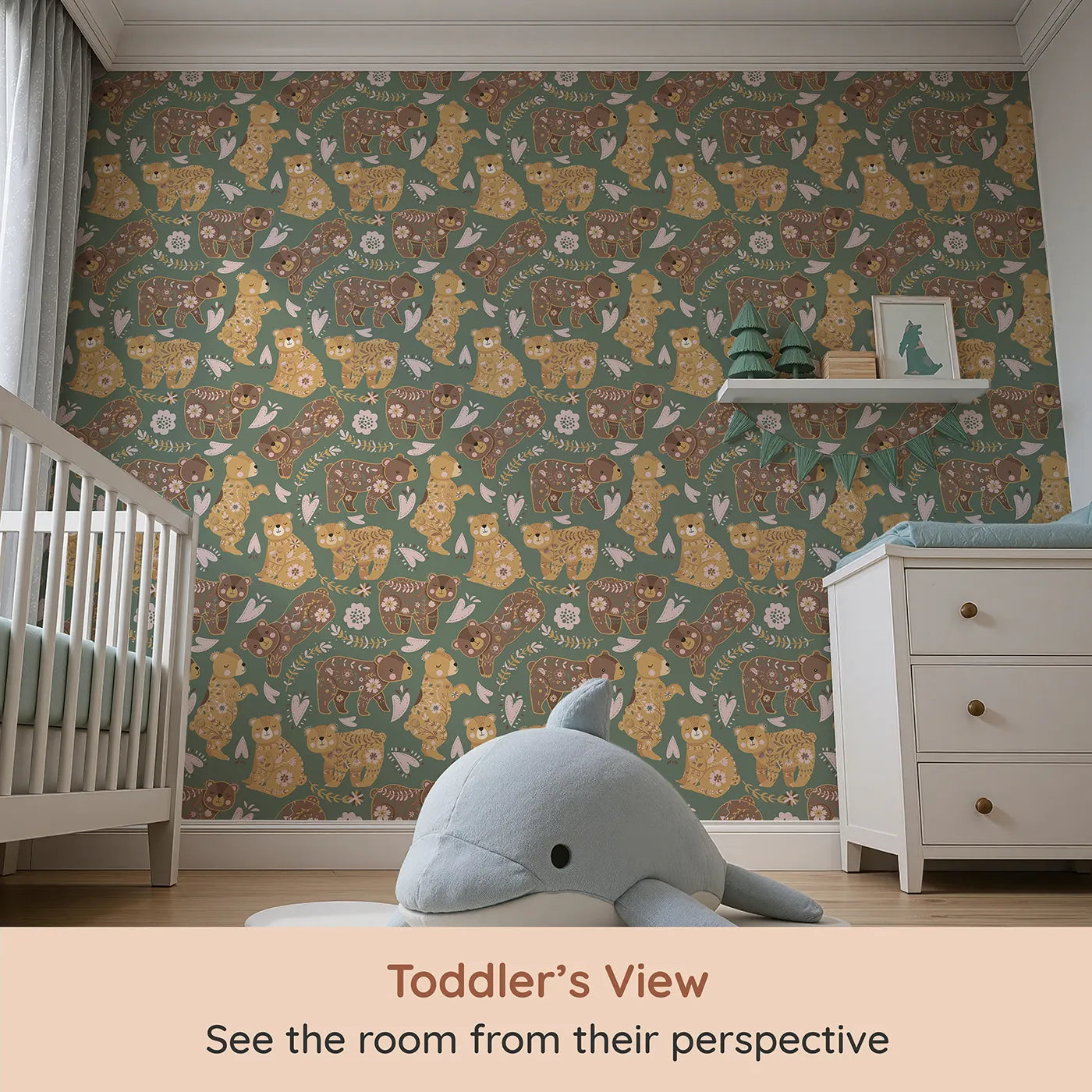 Whimsy Tots Floral Snuggle Bears Wallpaper in Forest Green (W3090B) from your child's view.Whimsical bears nap in florals on a deep forest-green meadow.
