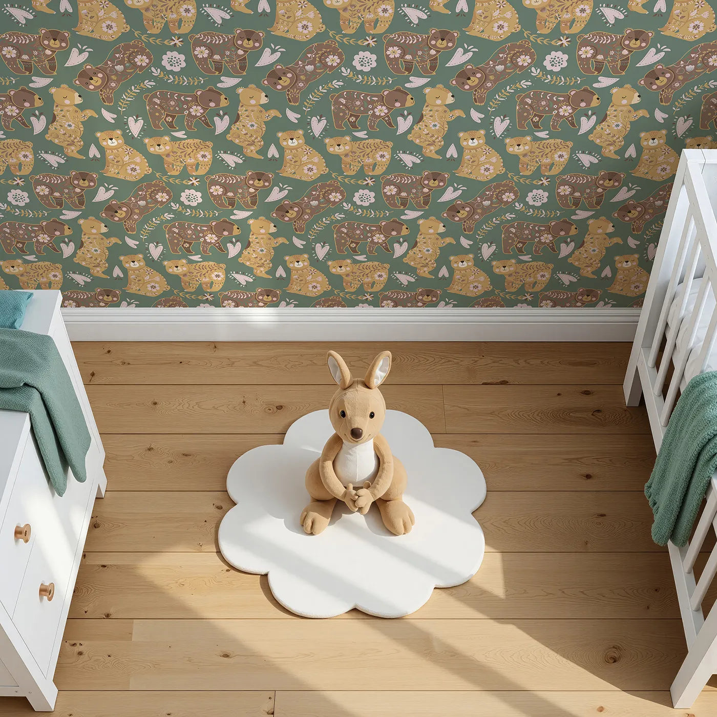 Top-Down view of Whimsy Tots' Floral Snuggle Bears Wallpaper in Forest Green (W3090B).Whimsical bears nap in florals on a deep forest-green meadow.