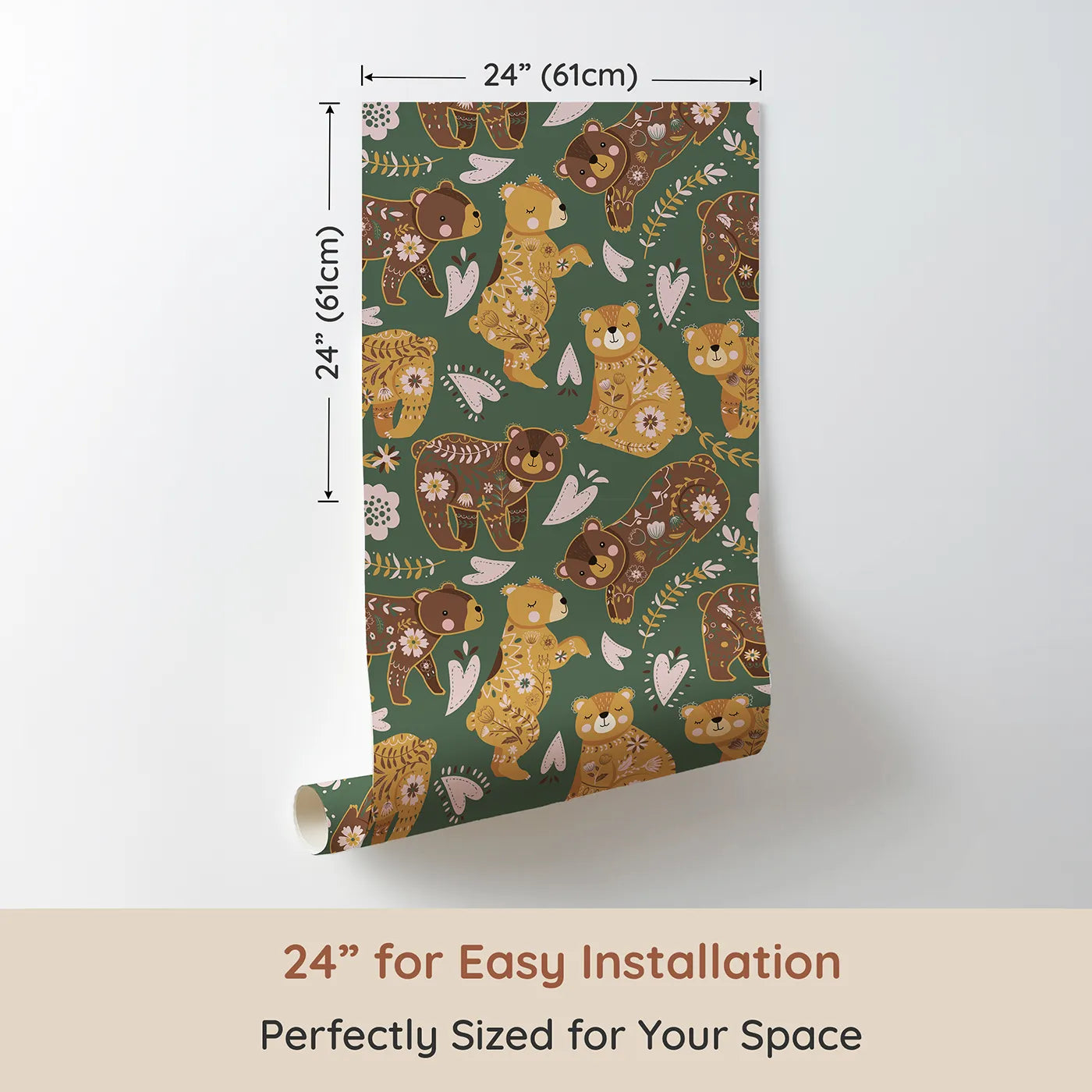 Dimension view of Whimsy Tots Floral Snuggle Bears Wallpaper in Forest Green (W3090B). Printed in 24-inch-wide panel for easy installation. Whimsical bears nap in florals on a deep forest-green meadow.