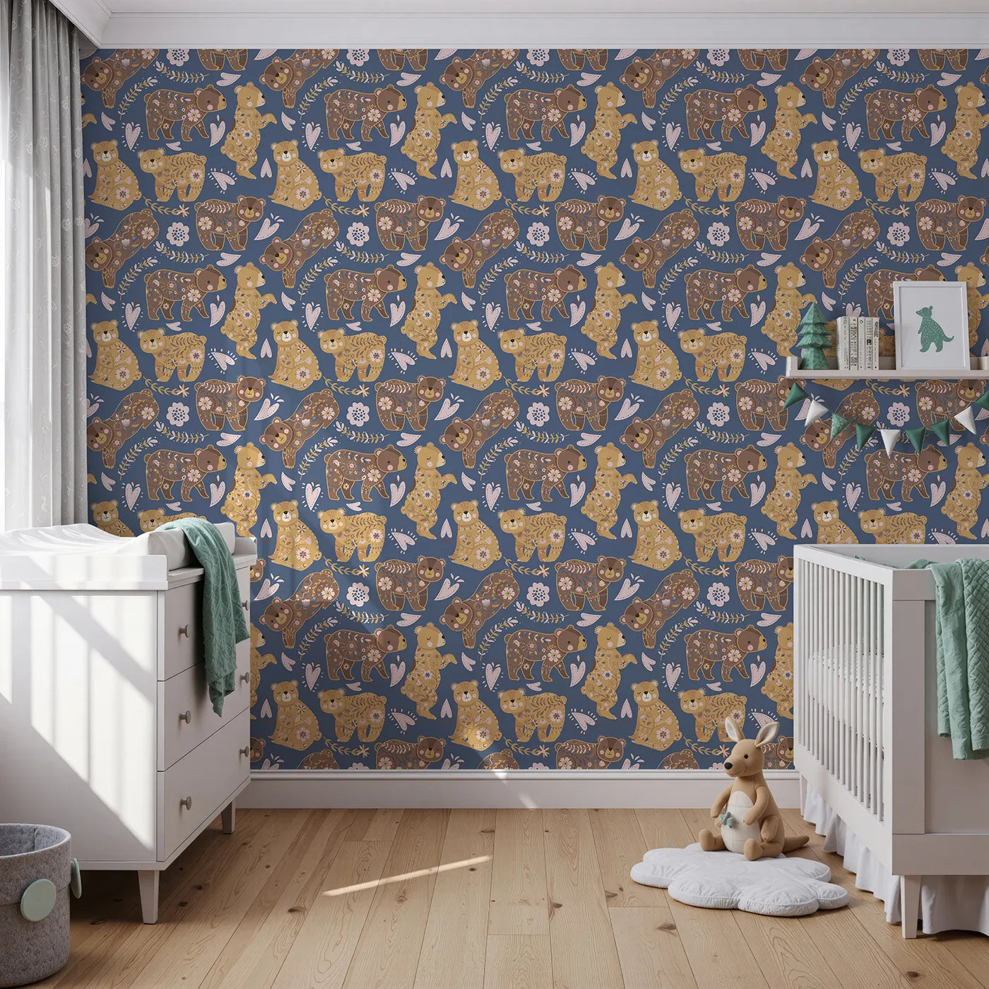 Front view of Whimsy Tots' Floral Snuggle Bears Wallpaper in Denim Blue