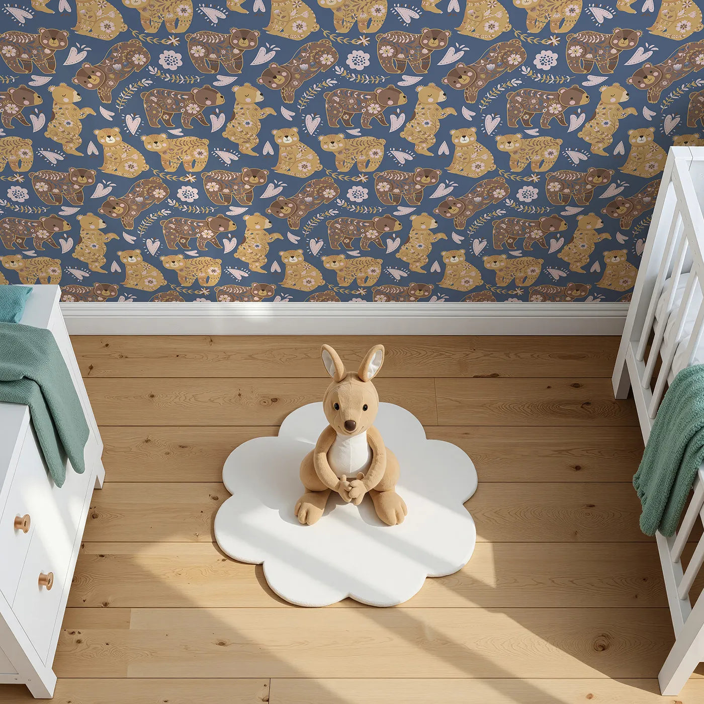 Top-Down view of Whimsy Tots' Floral Snuggle Bears Wallpaper in Denim Blue (W3090C).Blossom-cloaked bears dream gently under a starry blue sky.