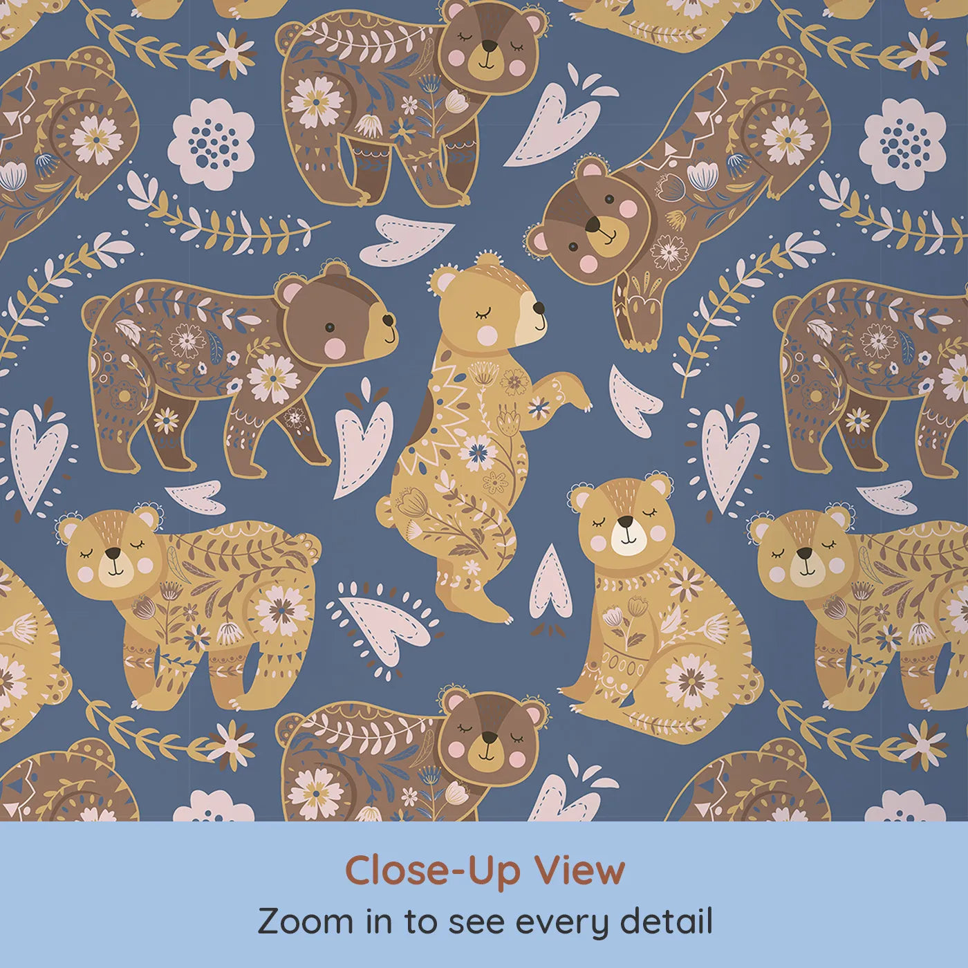 Close-up view of Whimsy Tots' Floral Snuggle Bears Wallpaper in Denim Blue (W3090C).Blossom-cloaked bears dream gently under a starry blue sky.