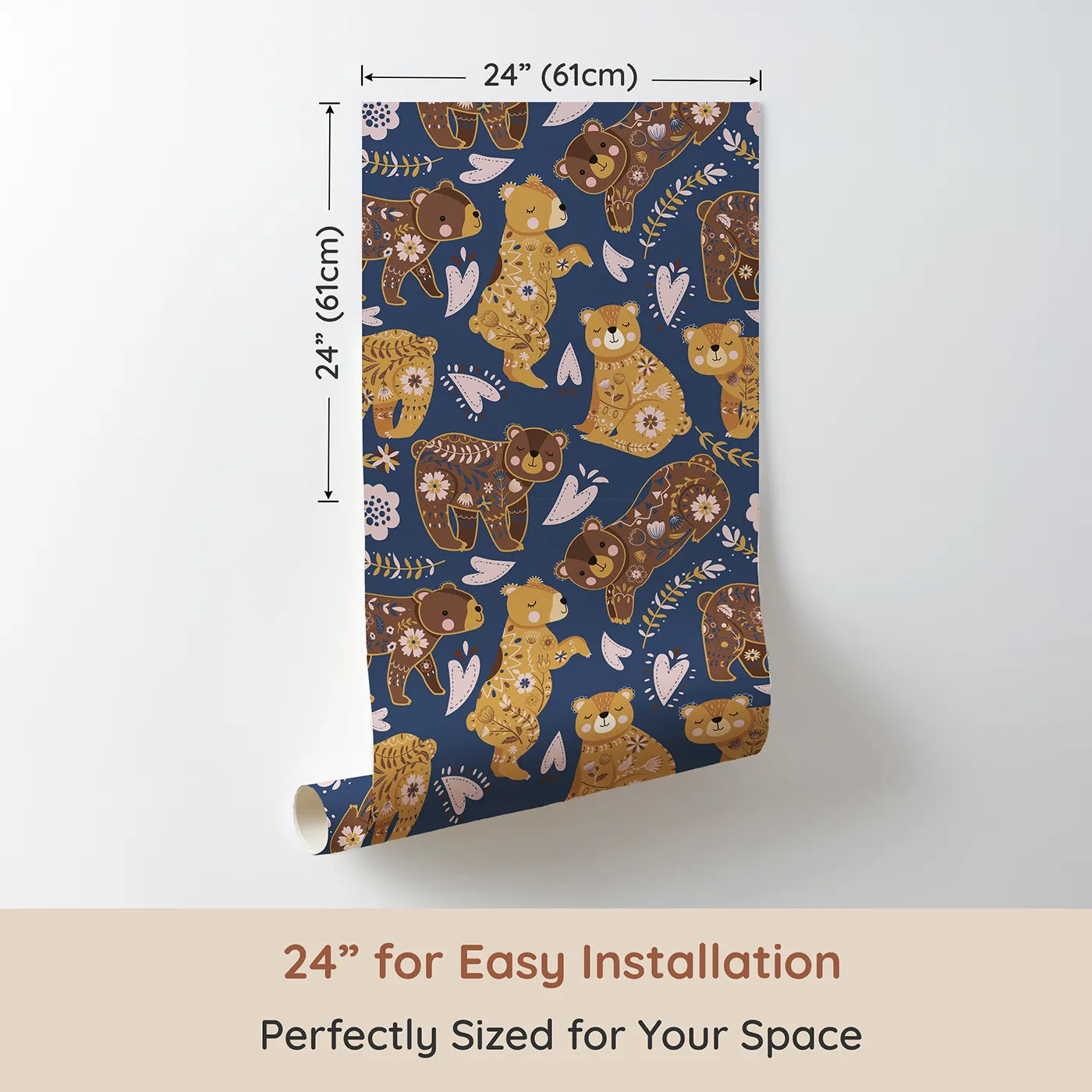 Dimension view of Whimsy Tots Floral Snuggle Bears Wallpaper in Denim Blue (W3090C). Printed in 24-inch-wide panel for easy installation. Blossom-cloaked bears dream gently under a starry blue sky.