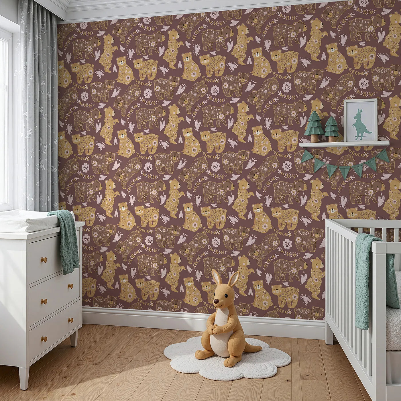 Angled view of Whimsy Tots' Floral Snuggle Bears Wallpaper in Berry Plum (W3090D).Golden bears cuddle under florals on a warm berry-plum forest floor.