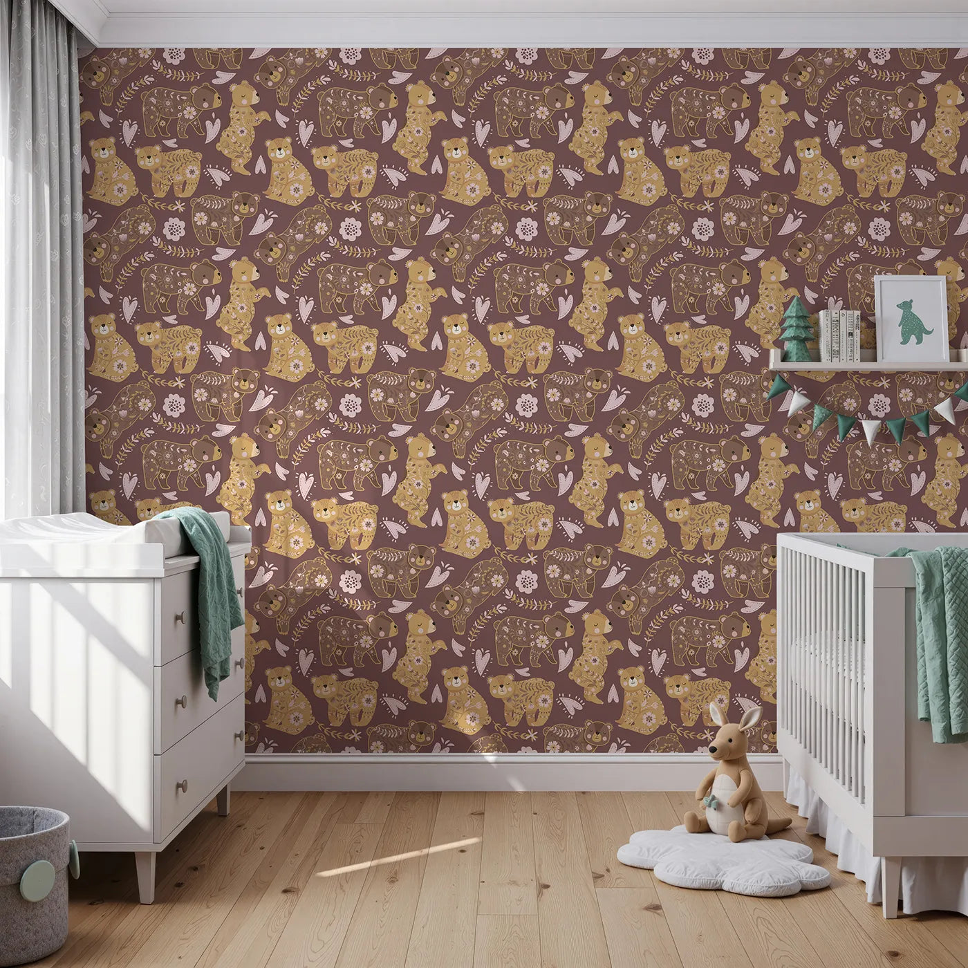 Front view of Whimsy Tots' Floral Snuggle Bears Wallpaper in Berry Plum