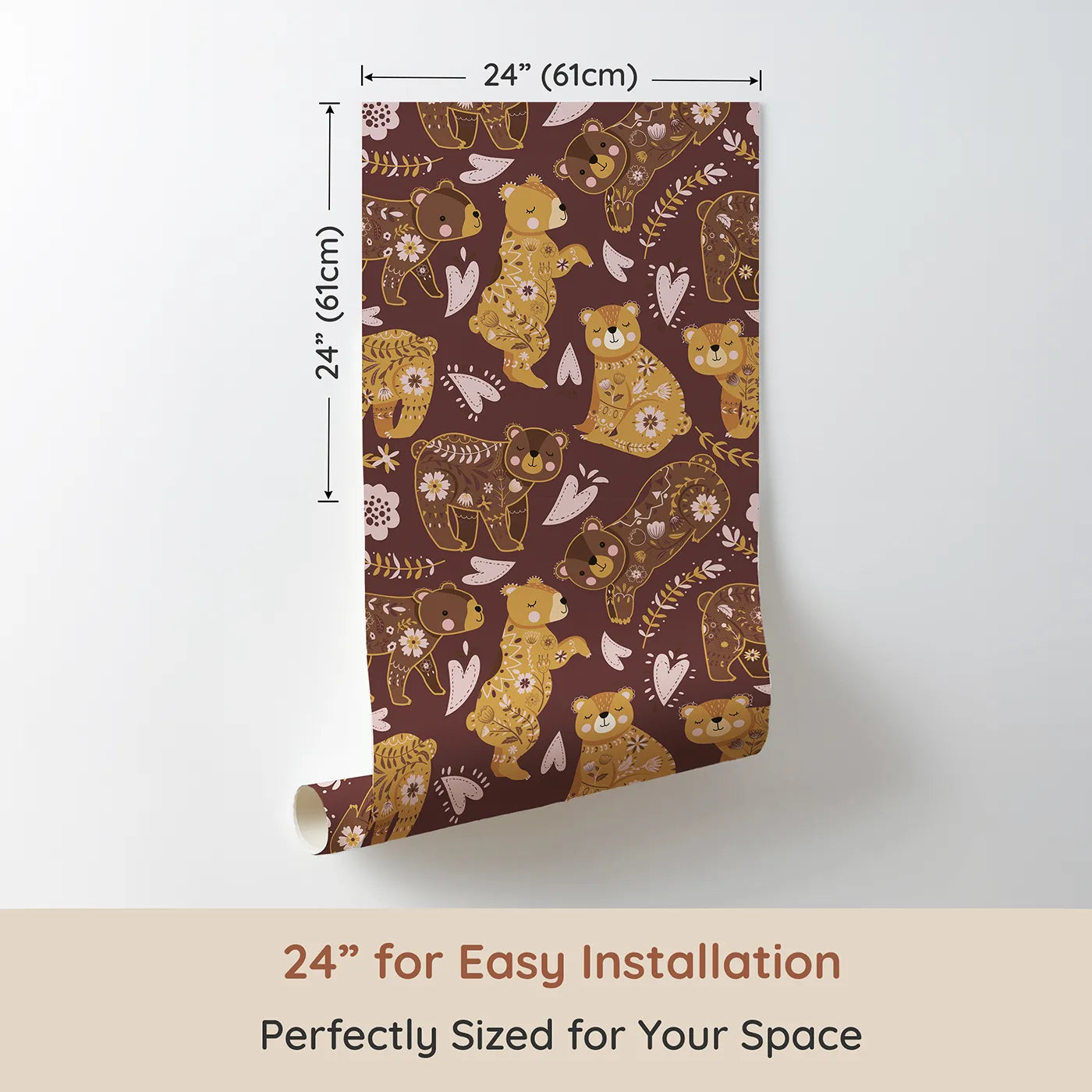 Dimension view of Whimsy Tots Floral Snuggle Bears Wallpaper in Berry Plum (W3090D). Printed in 24-inch-wide panel for easy installation. Golden bears cuddle under florals on a warm berry-plum forest floor.