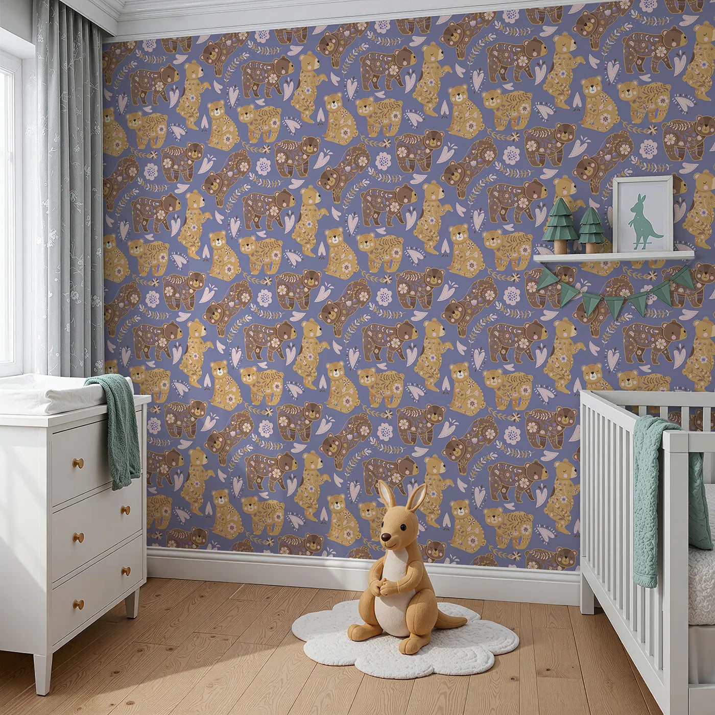 Angled view of Whimsy Tots' Floral Snuggle Bears Wallpaper in Dusty Purple (W3090E).Honey bears smile gently beneath dusty purple skies and stitched hearts.
