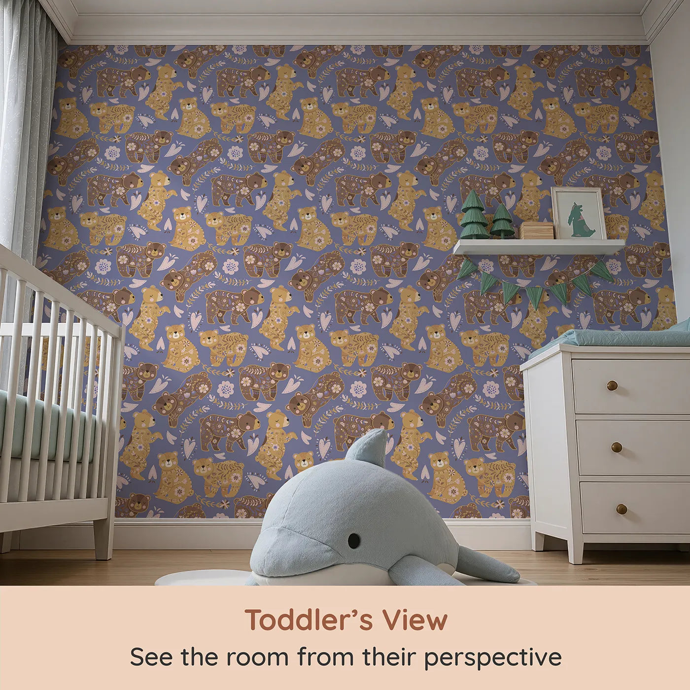 Whimsy Tots Floral Snuggle Bears Wallpaper in Dusty Purple (W3090E) from your child's view.Honey bears smile gently beneath dusty purple skies and stitched hearts.