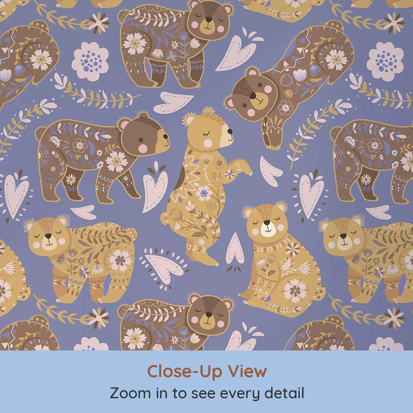 Close-up view of Whimsy Tots' Floral Snuggle Bears Wallpaper in Dusty Purple (W3090E).Honey bears smile gently beneath dusty purple skies and stitched hearts.