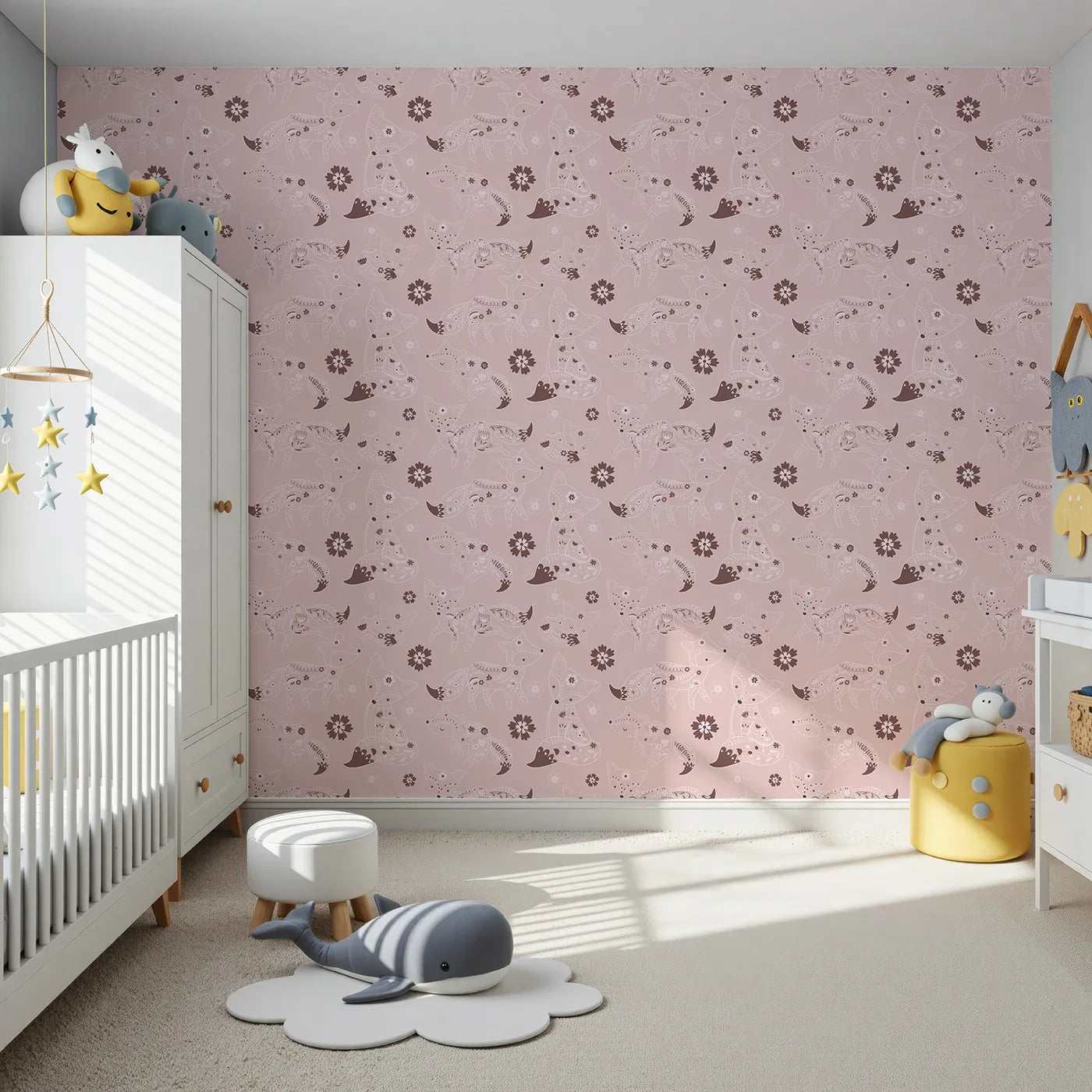 Front view of Whimsy Tots' Floral Fox Cuddles Wallpaper in Blush Pink