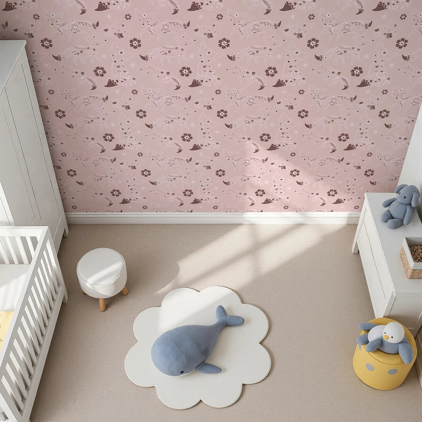 Top-Down view of Whimsy Tots' Floral Fox Cuddles Wallpaper in Blush Pink (W3091A).Snuggly foxes and soft florals bring warmth and woodland charm.