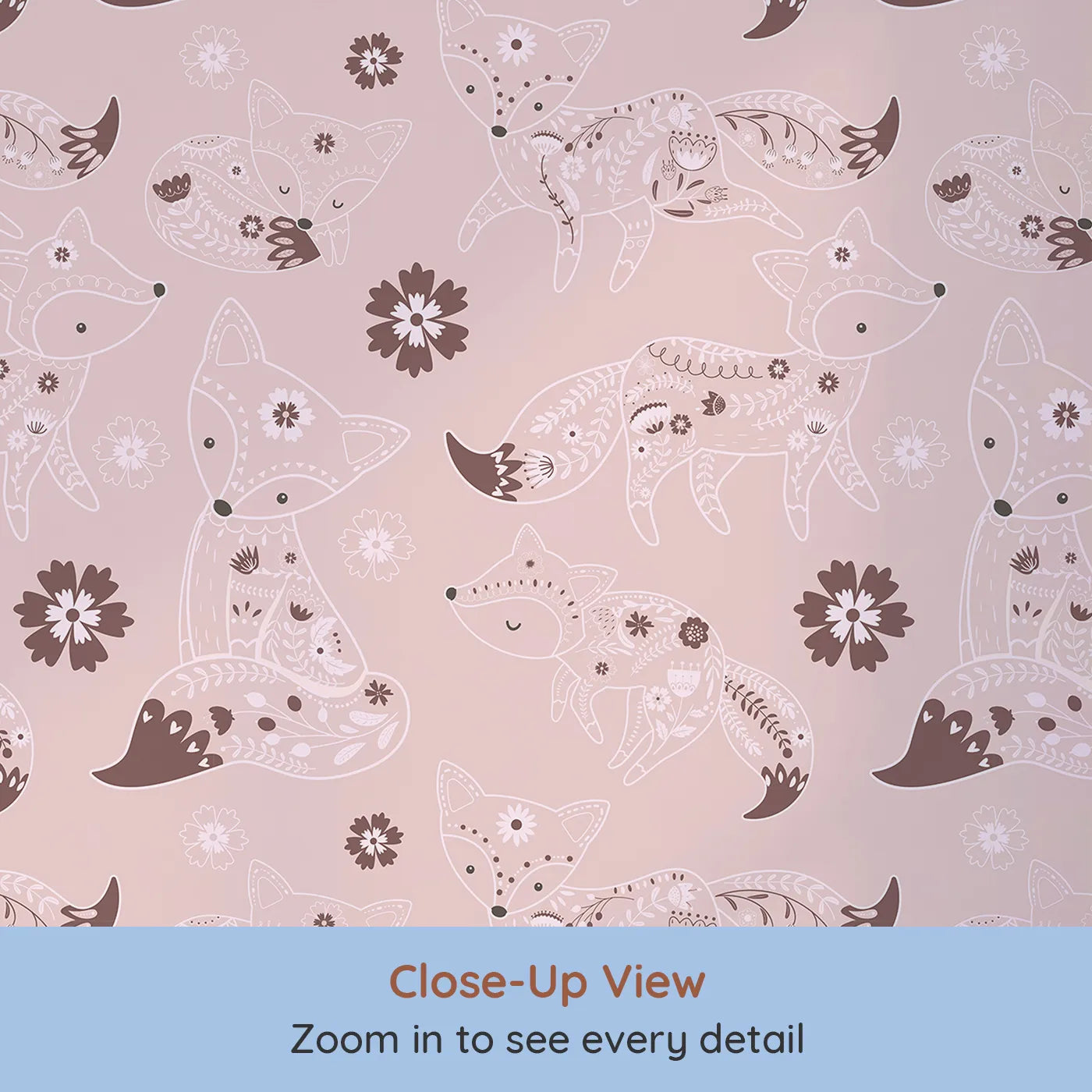 Close-up view of Whimsy Tots' Floral Fox Cuddles Wallpaper in Blush Pink (W3091A).Snuggly foxes and soft florals bring warmth and woodland charm.