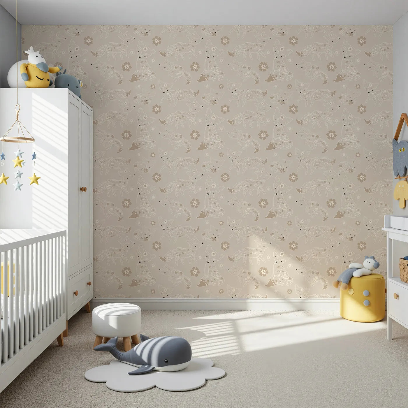 Front view of Whimsy Tots' Floral Fox Cuddles Wallpaper in Taupe Beige