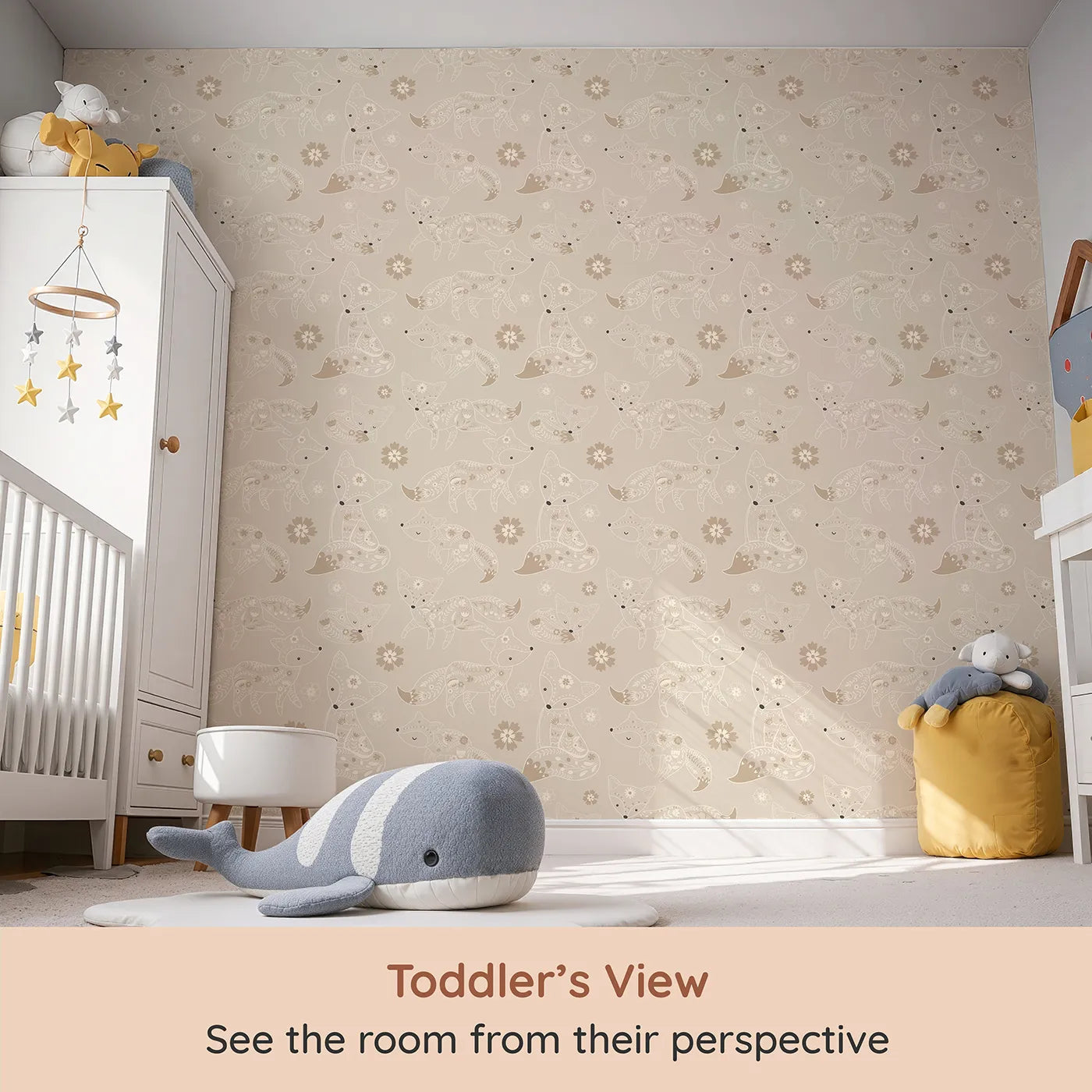 Whimsy Tots Floral Fox Cuddles Wallpaper in Taupe Beige (W3091B) from your child's view.Folk-style foxes nap and play in a field of cozy neutrals.