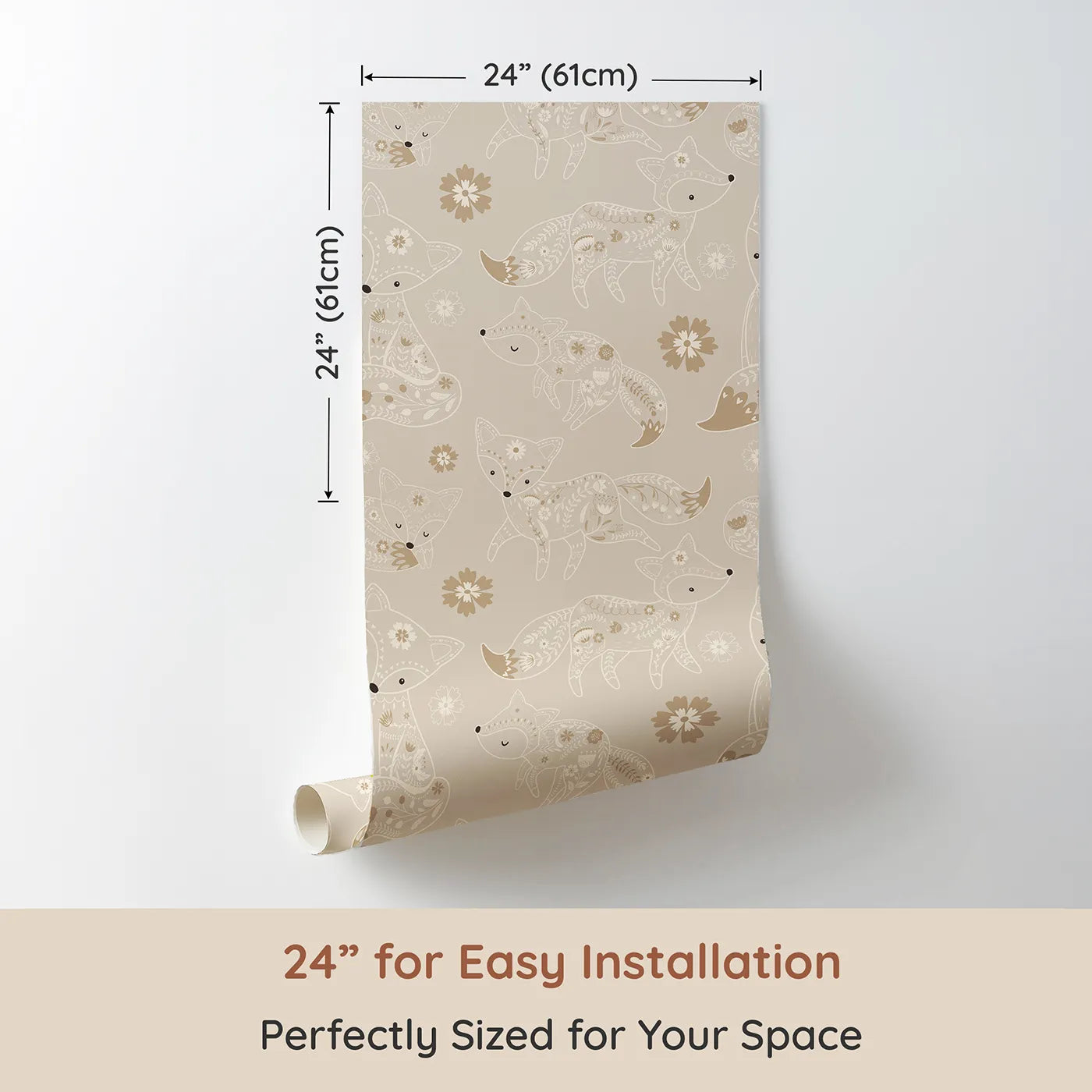 Dimension view of Whimsy Tots Floral Fox Cuddles Wallpaper in Taupe Beige (W3091B). Printed in 24-inch-wide panel for easy installation. Folk-style foxes nap and play in a field of cozy neutrals.