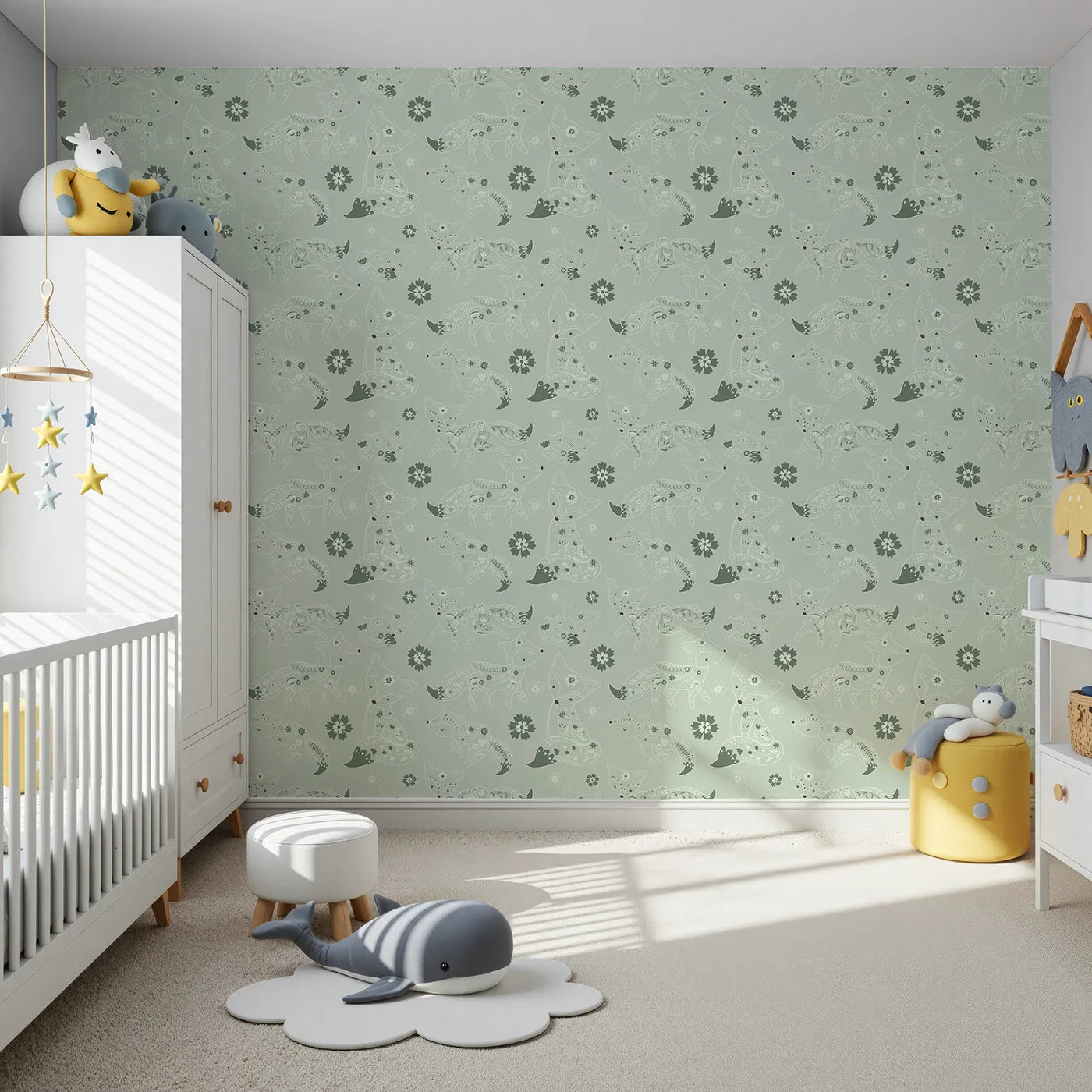 Front view of Whimsy Tots' Floral Fox Cuddles Wallpaper in Sage Green