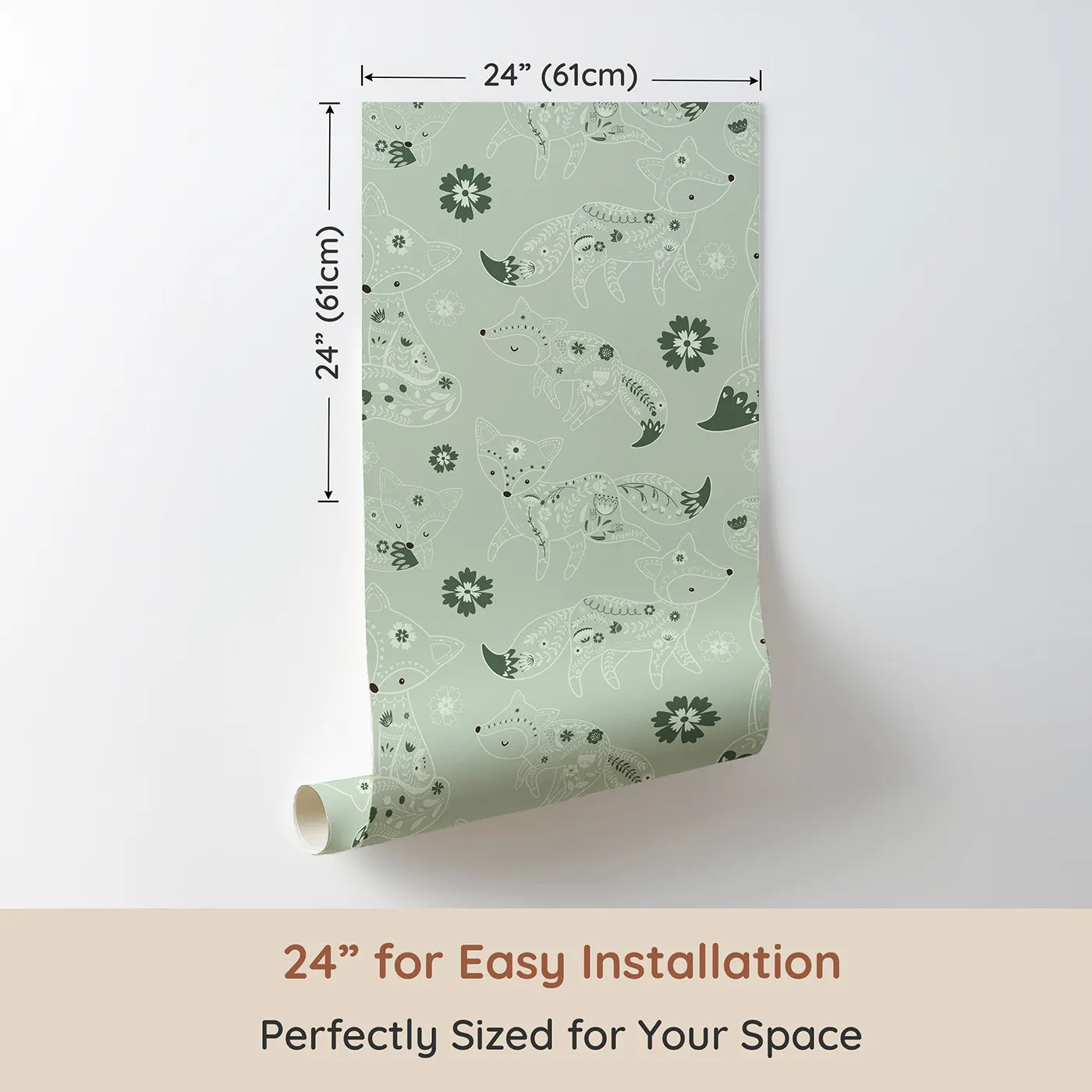 Dimension view of Whimsy Tots Floral Fox Cuddles Wallpaper in Sage Green (W3091C). Printed in 24-inch-wide panel for easy installation. Folky foxes and gentle greens bring hush and harmony to their space.