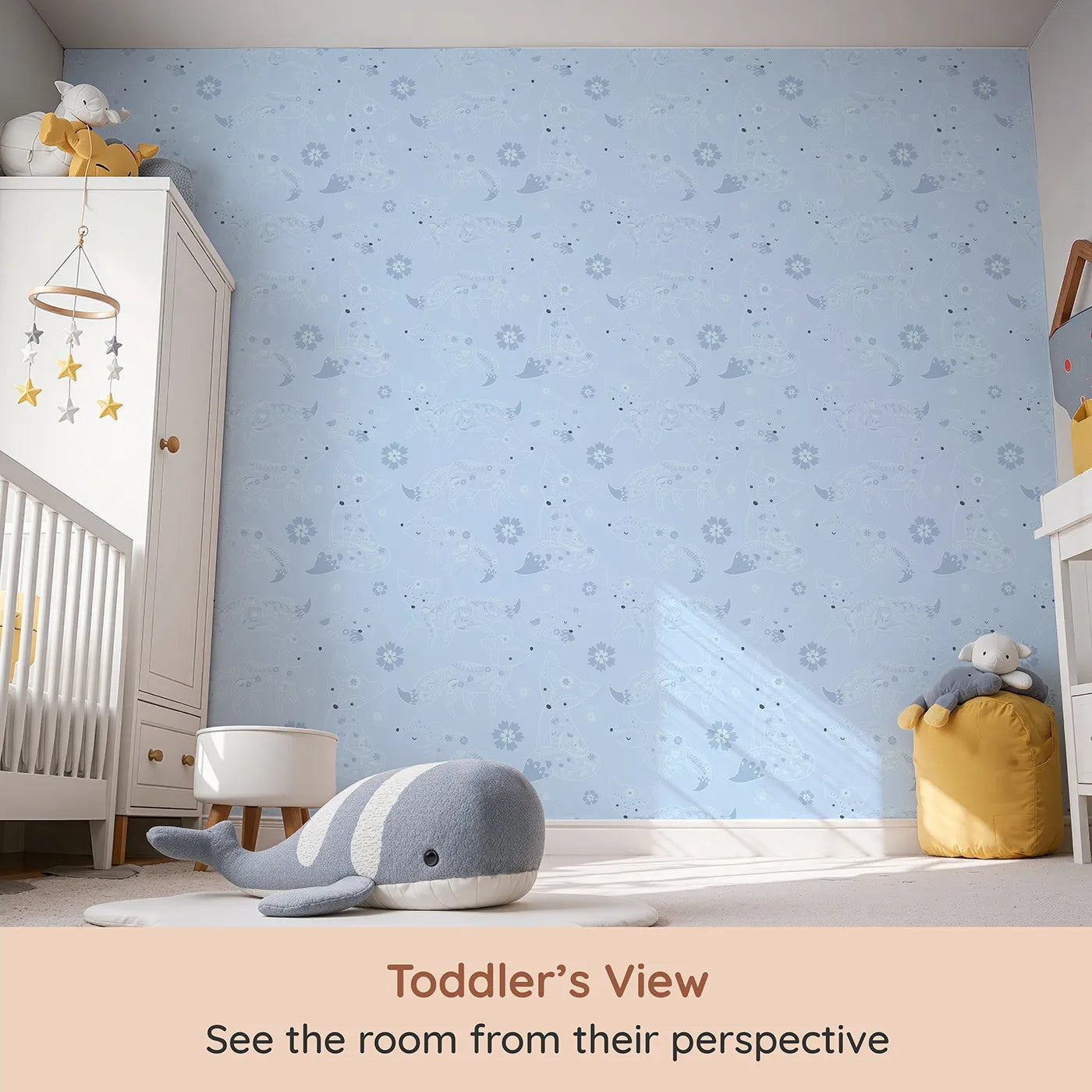 Whimsy Tots Floral Fox Cuddles Wallpaper in Sky Blue (W3091D) from your child's view.Peaceful foxes and soft florals drift across a breezy blue field.