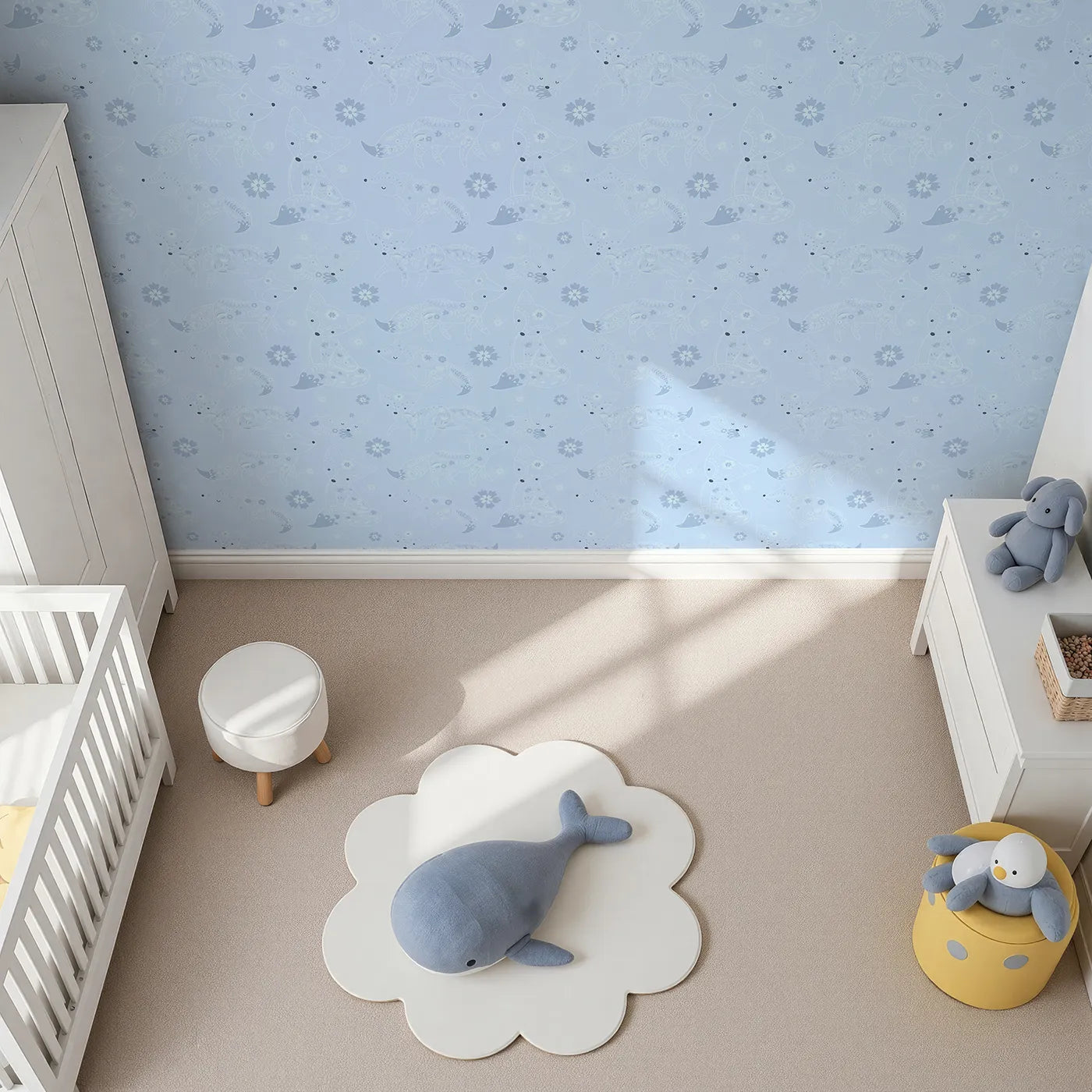 Top-Down view of Whimsy Tots' Floral Fox Cuddles Wallpaper in Sky Blue (W3091D).Peaceful foxes and soft florals drift across a breezy blue field.