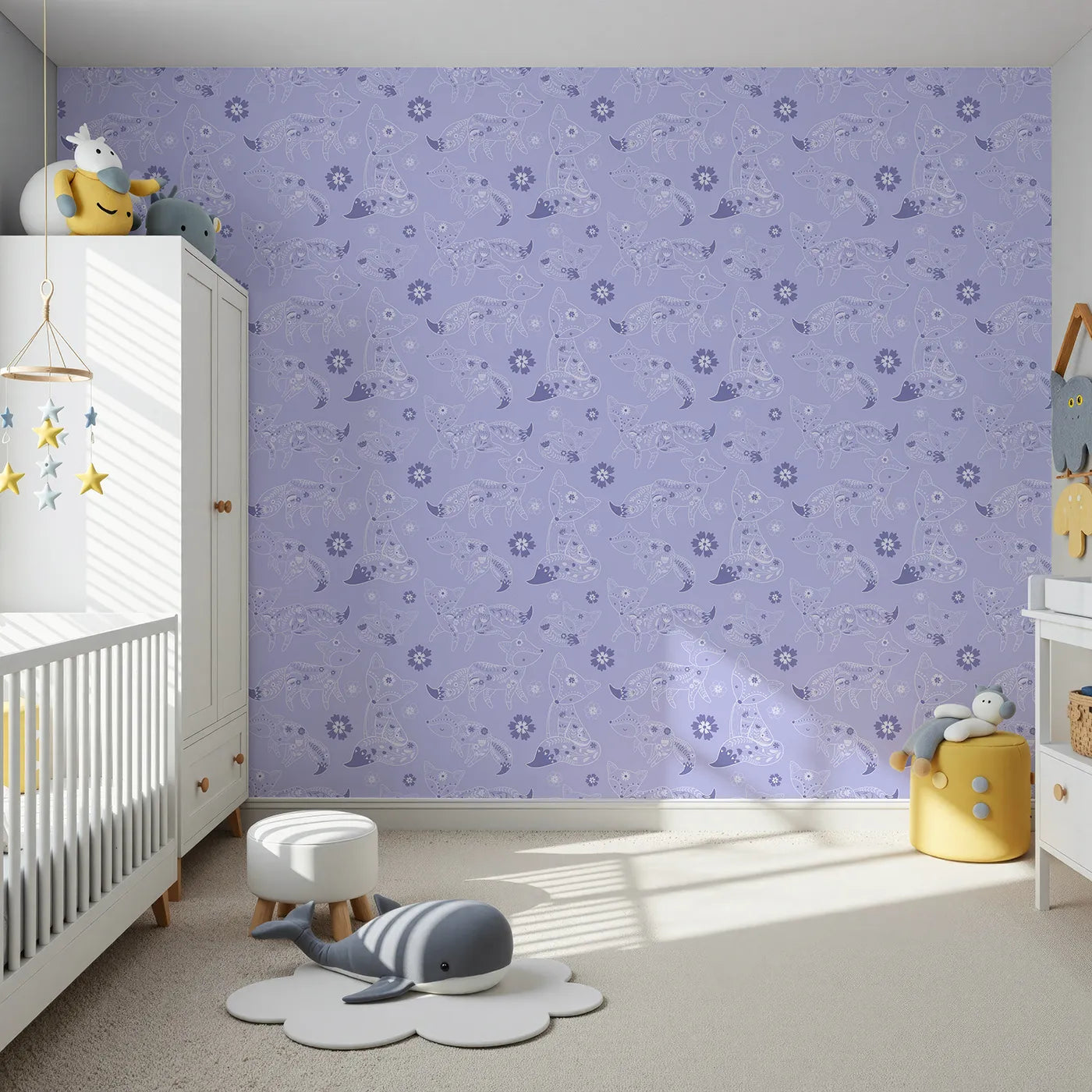 Front view of Whimsy Tots' Floral Fox Cuddles Wallpaper in Lavender Mist
