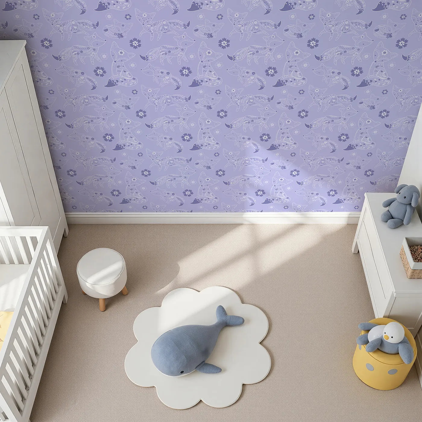 Top-Down view of Whimsy Tots' Floral Fox Cuddles Wallpaper in Lavender Mist (W3091E).Gentle foxes and violet blooms drift through a calming lavender dream.