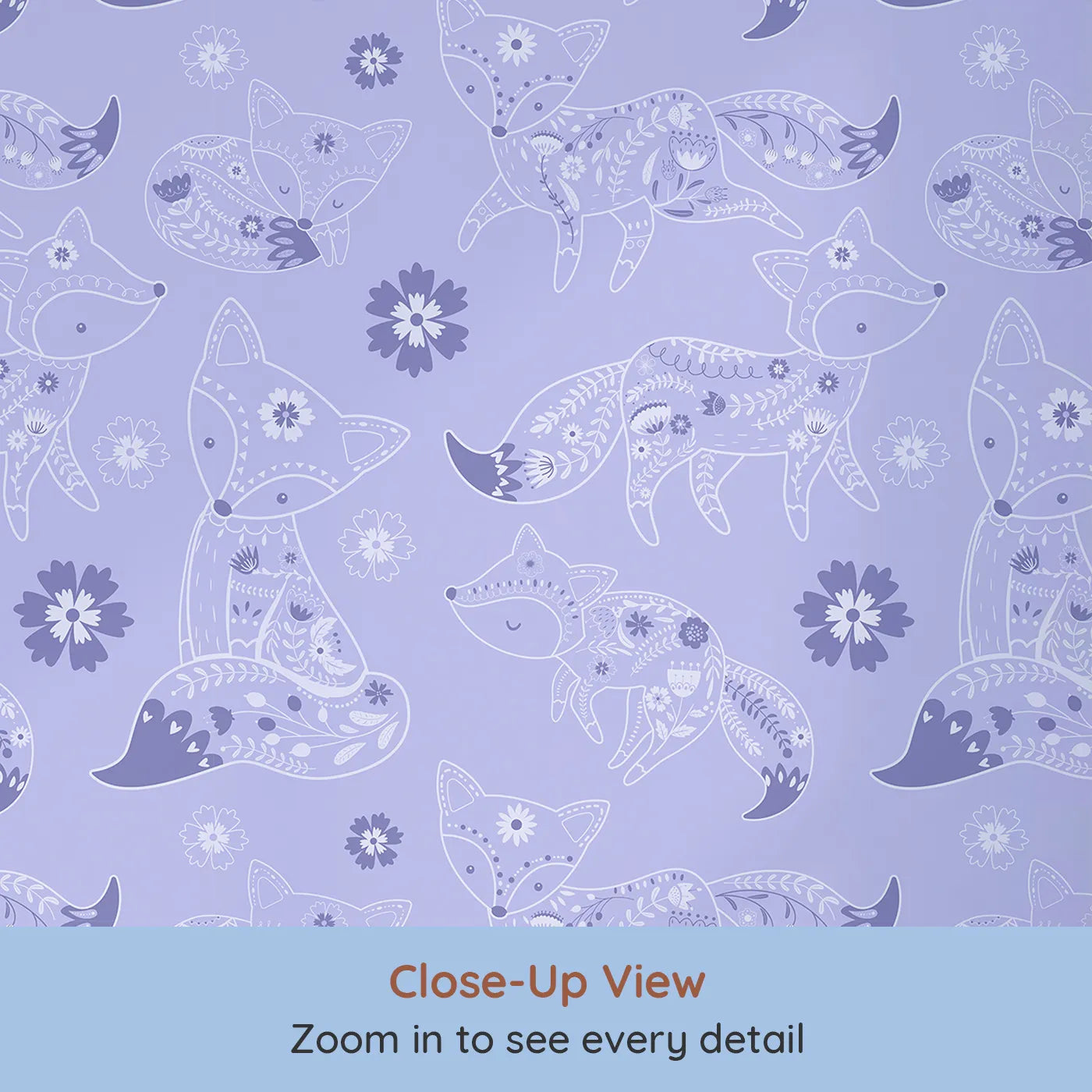 Close-up view of Whimsy Tots' Floral Fox Cuddles Wallpaper in Lavender Mist (W3091E).Gentle foxes and violet blooms drift through a calming lavender dream.