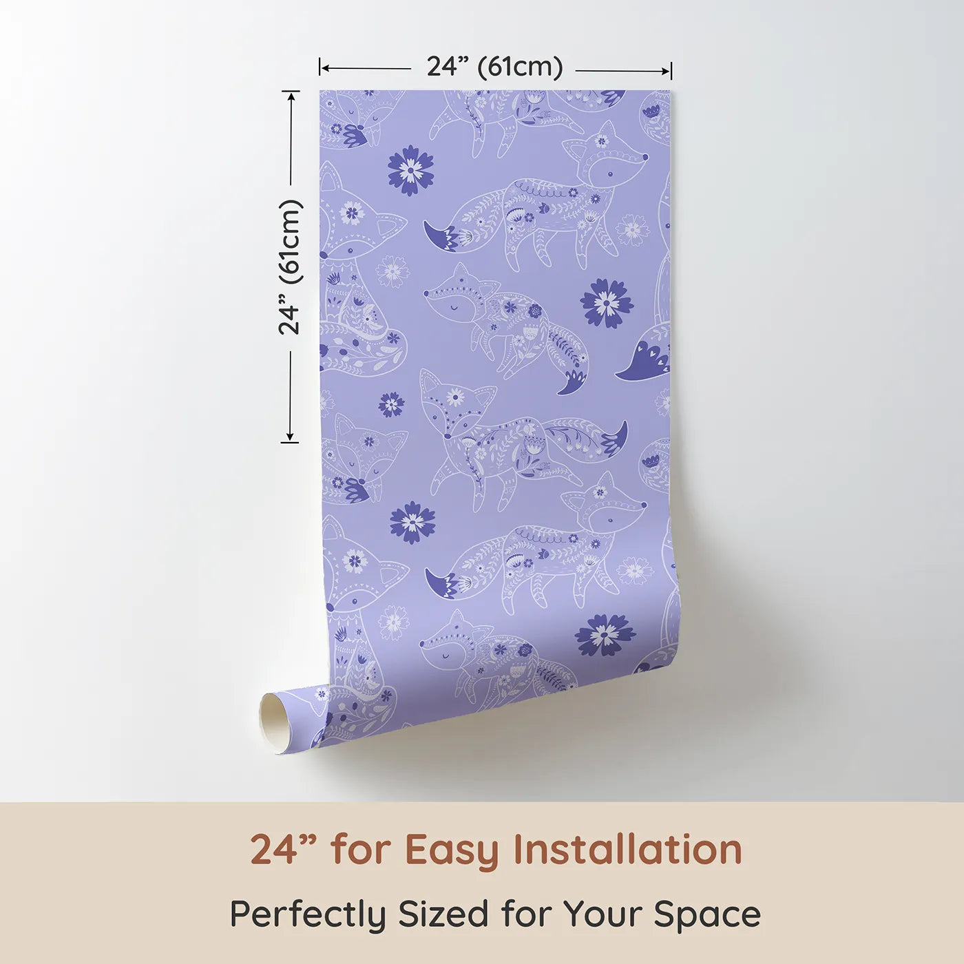 Dimension view of Whimsy Tots Floral Fox Cuddles Wallpaper in Lavender Mist (W3091E). Printed in 24-inch-wide panel for easy installation. Gentle foxes and violet blooms drift through a calming lavender dream.