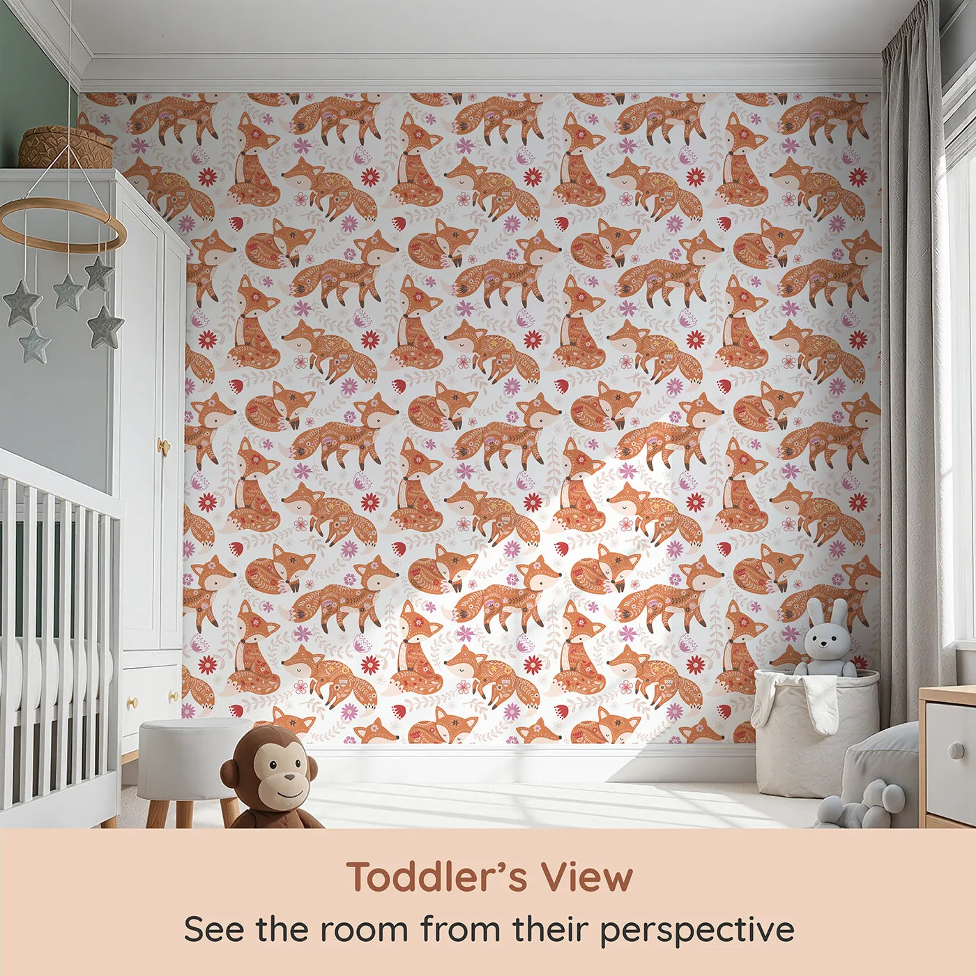 Whimsy Tots Folk Tale Foxes Wallpaper in Autumn Spice (W3092) from your child's view.Spicy orange foxes curl and play in a blooming woodland dance.