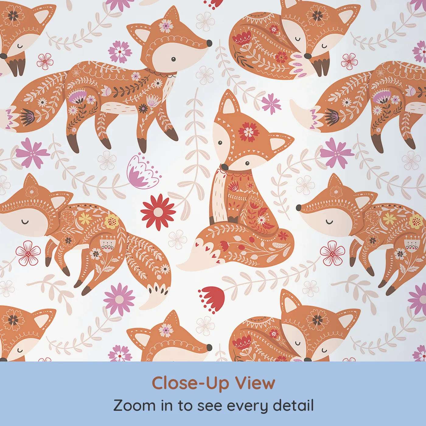 Close-up view of Whimsy Tots' Folk Tale Foxes Wallpaper in Autumn Spice (W3092).Spicy orange foxes curl and play in a blooming woodland dance.