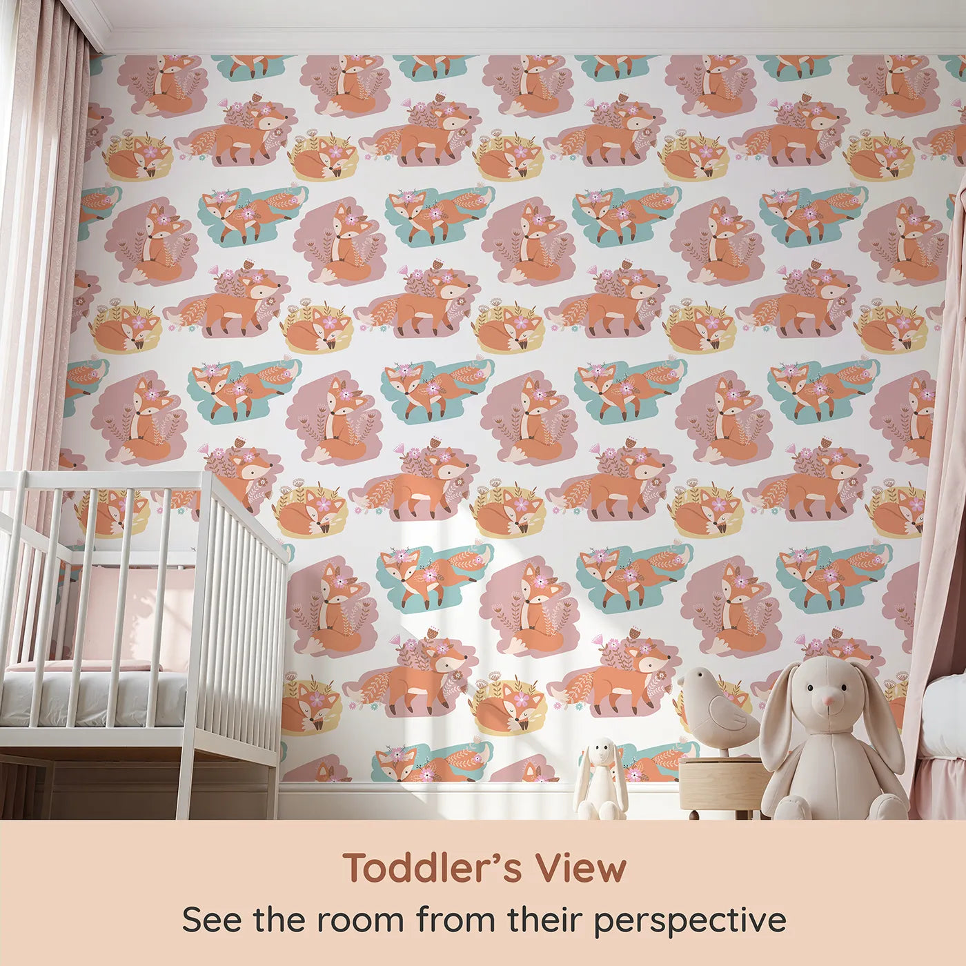 Whimsy Tots Fox Meadow Moments Wallpaper in Pastel Bloom (W3093) from your child's view.Gentle foxes with floral crowns rest and roam in pastel fields.
