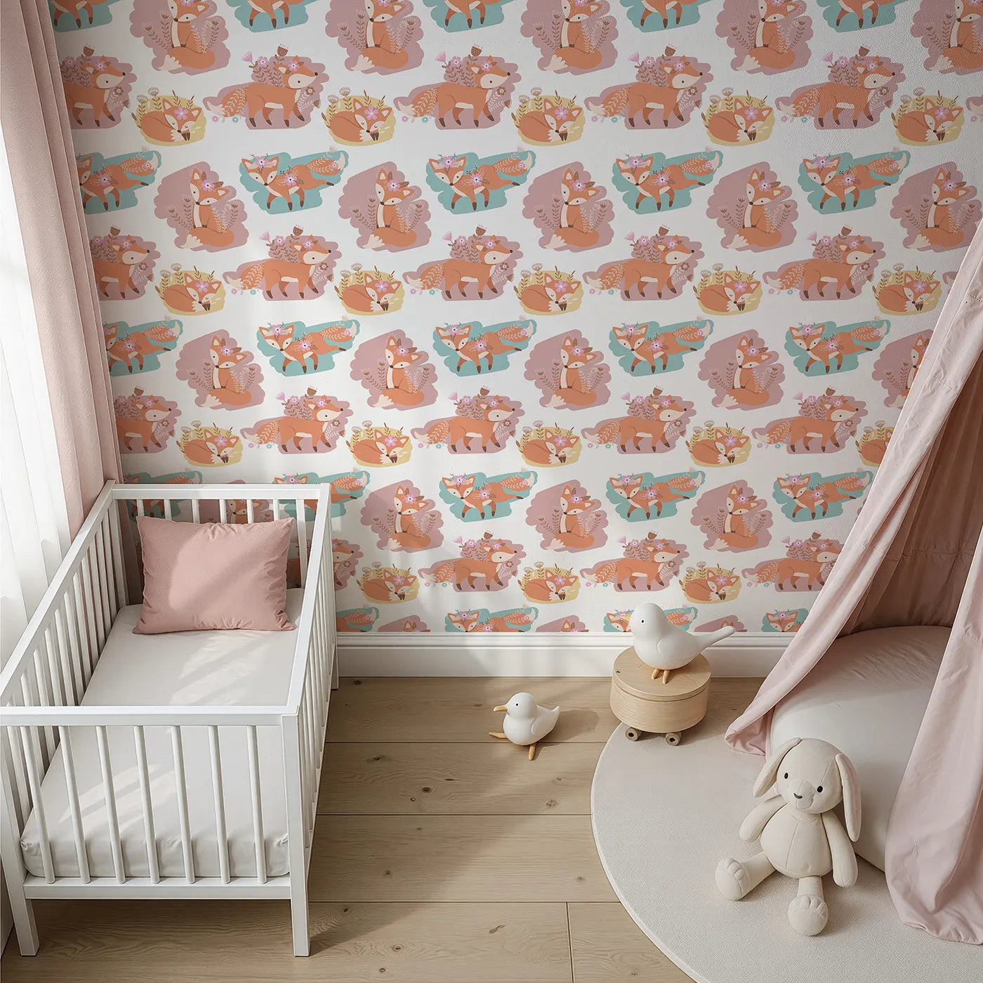 Top-Down view of Whimsy Tots' Fox Meadow Moments Wallpaper in Pastel Bloom (W3093).Gentle foxes with floral crowns rest and roam in pastel fields.