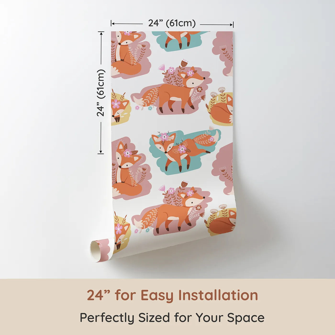 Dimension view of Whimsy Tots Fox Meadow Moments Wallpaper in Pastel Bloom (W3093). Printed in 24-inch-wide panel for easy installation. Gentle foxes with floral crowns rest and roam in pastel fields.