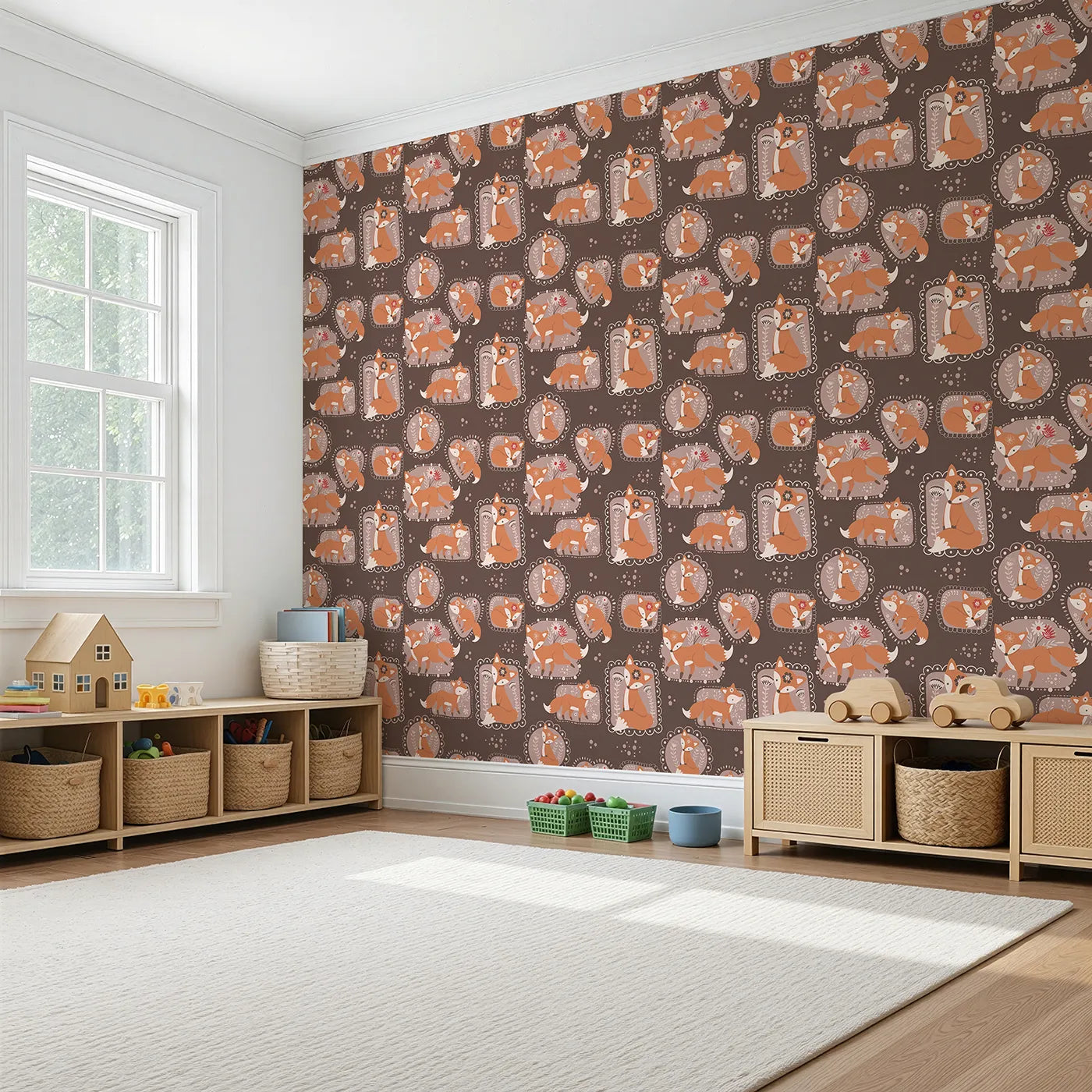 Angled view of Whimsy Tots' Fox Meadow Moments Wallpaper in Cocoa Brown (W3094A).Earthy-toned foxes nestle and play in chocolatey floral frames.