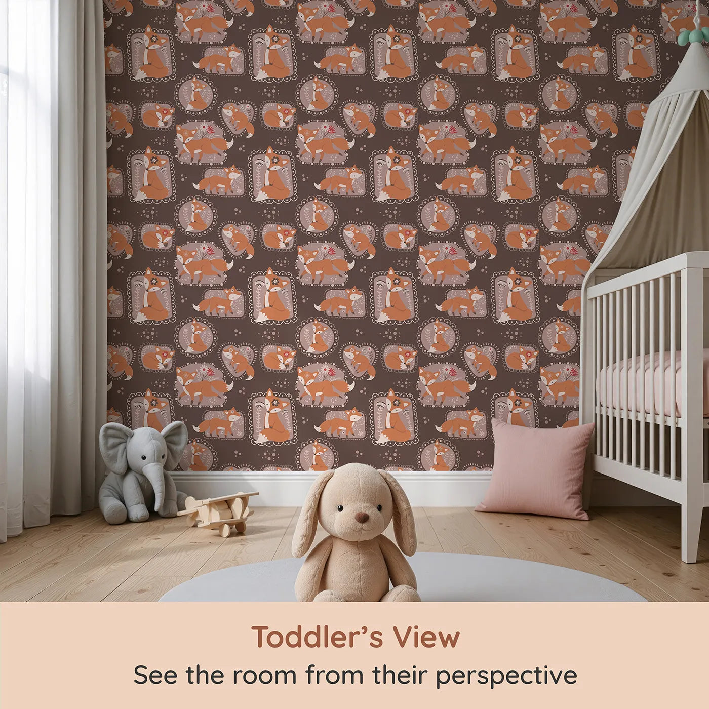 Whimsy Tots Fox Meadow Moments Wallpaper in Cocoa Brown (W3094A) from your child's view.Earthy-toned foxes nestle and play in chocolatey floral frames.