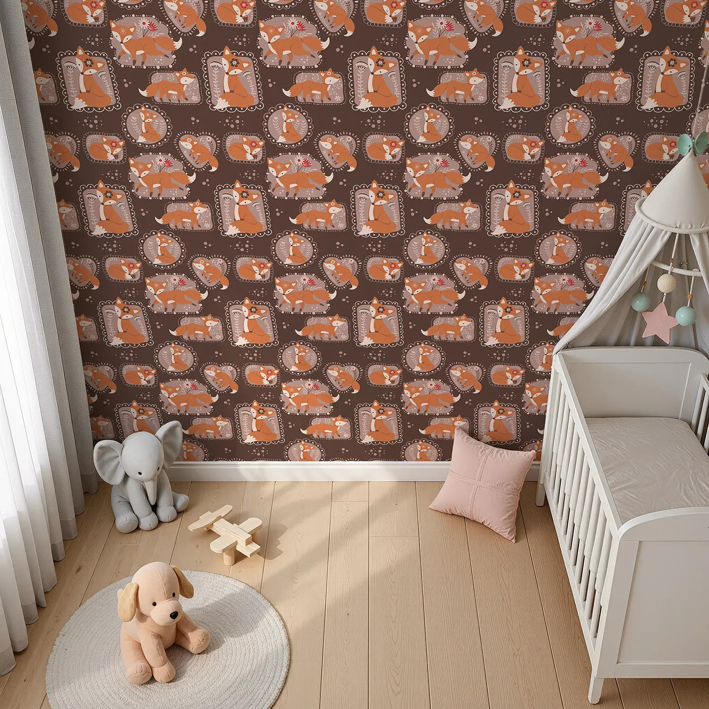 Top-Down view of Whimsy Tots' Fox Meadow Moments Wallpaper in Cocoa Brown (W3094A).Earthy-toned foxes nestle and play in chocolatey floral frames.