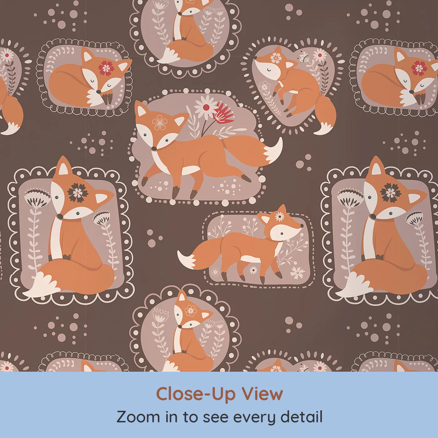 Close-up view of Whimsy Tots' Fox Meadow Moments Wallpaper in Cocoa Brown (W3094A).Earthy-toned foxes nestle and play in chocolatey floral frames.