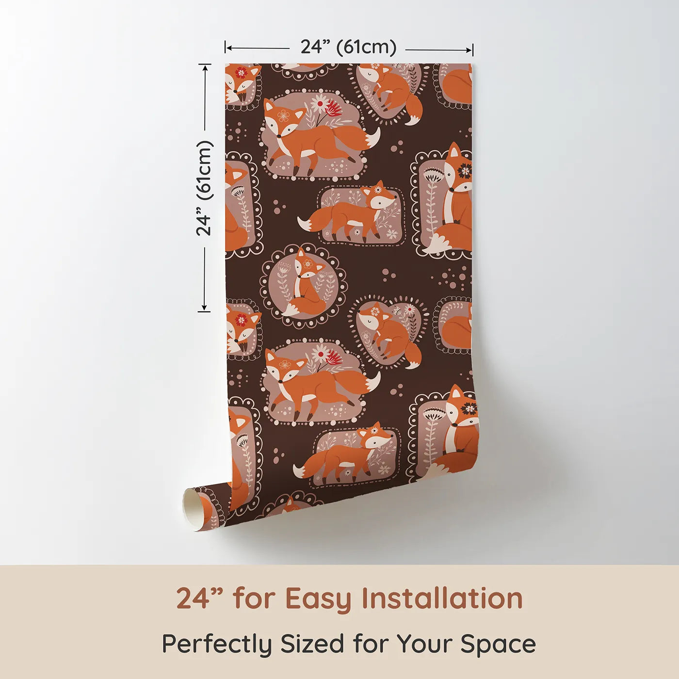 Dimension view of Whimsy Tots Fox Meadow Moments Wallpaper in Cocoa Brown (W3094A). Printed in 24-inch-wide panel for easy installation. Earthy-toned foxes nestle and play in chocolatey floral frames.
