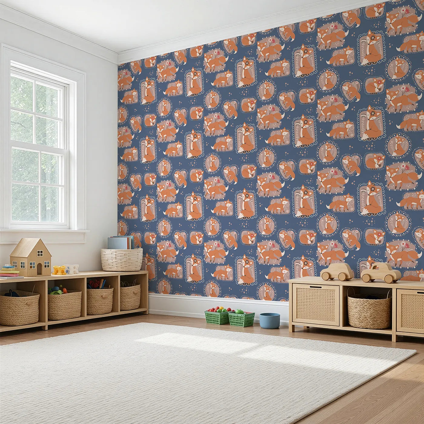 Angled view of Whimsy Tots' Fox Meadow Moments Wallpaper in Midnight Blue (W3094B).Warm foxes and floral frames rest on a cozy midnight blue sky.
