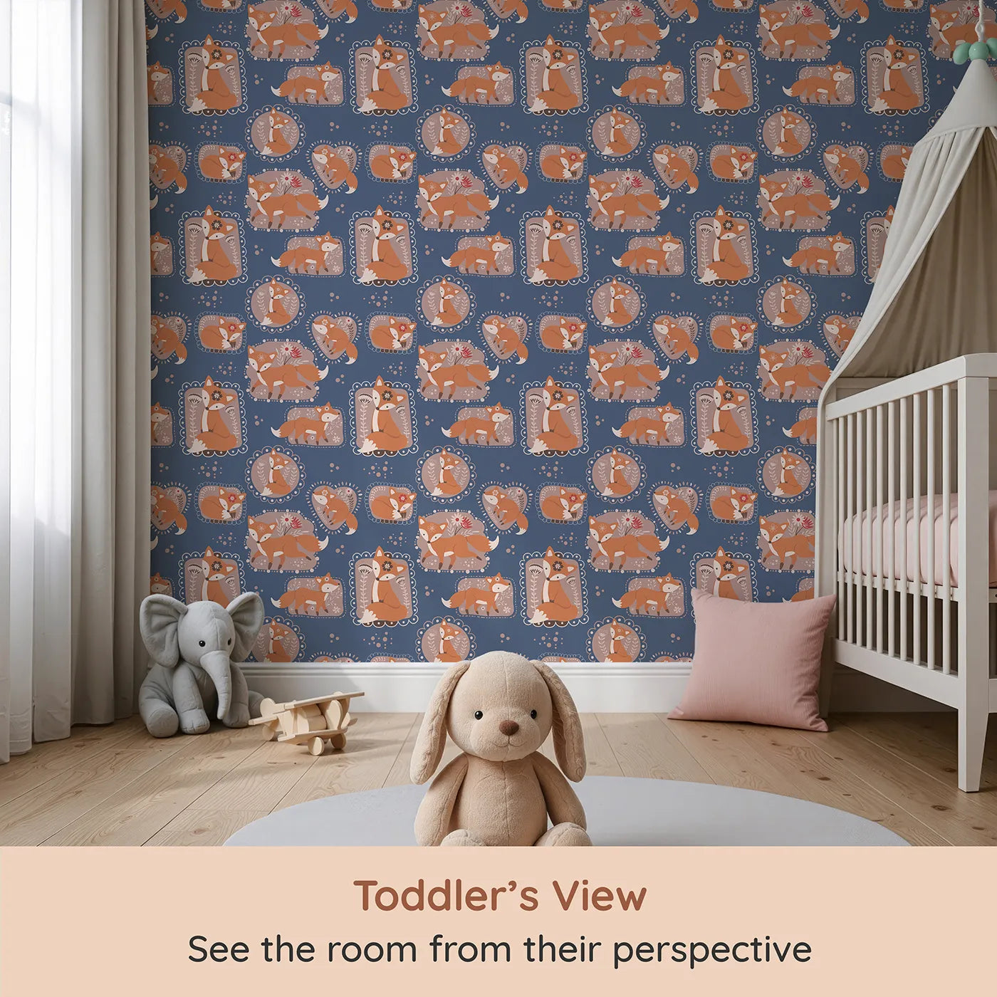 Whimsy Tots Fox Meadow Moments Wallpaper in Midnight Blue (W3094B) from your child's view.Warm foxes and floral frames rest on a cozy midnight blue sky.