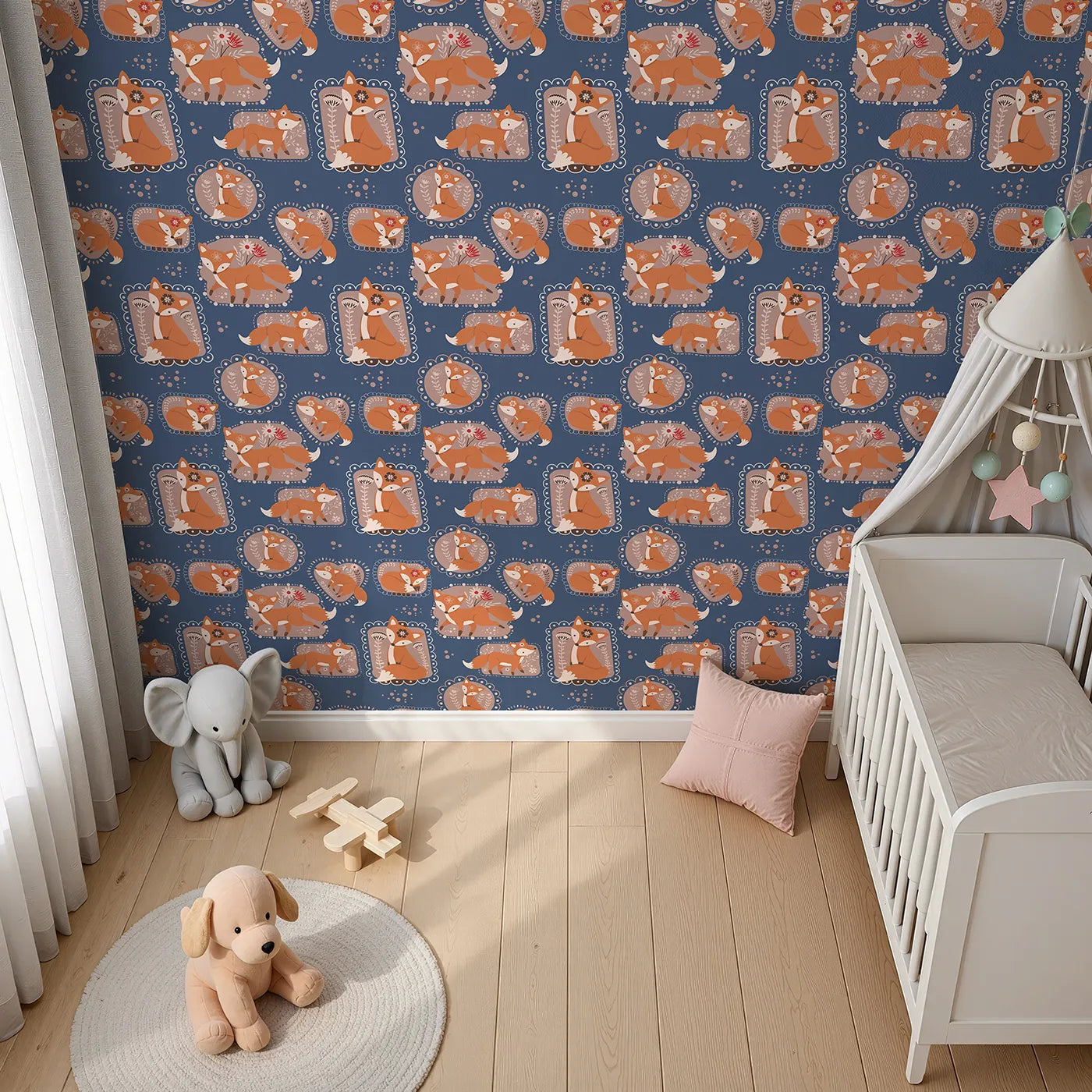 Top-Down view of Whimsy Tots' Fox Meadow Moments Wallpaper in Midnight Blue (W3094B).Warm foxes and floral frames rest on a cozy midnight blue sky.