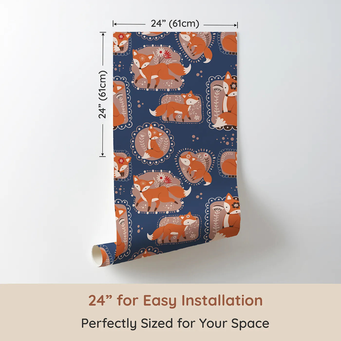 Dimension view of Whimsy Tots Fox Meadow Moments Wallpaper in Midnight Blue (W3094B). Printed in 24-inch-wide panel for easy installation. Warm foxes and floral frames rest on a cozy midnight blue sky.