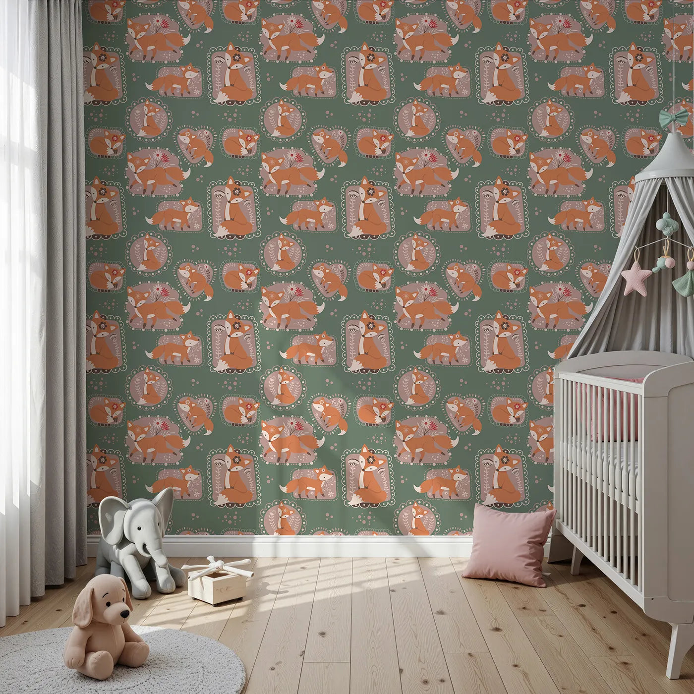 Front view of Whimsy Tots' Fox Meadow Moments Wallpaper in Forest Green