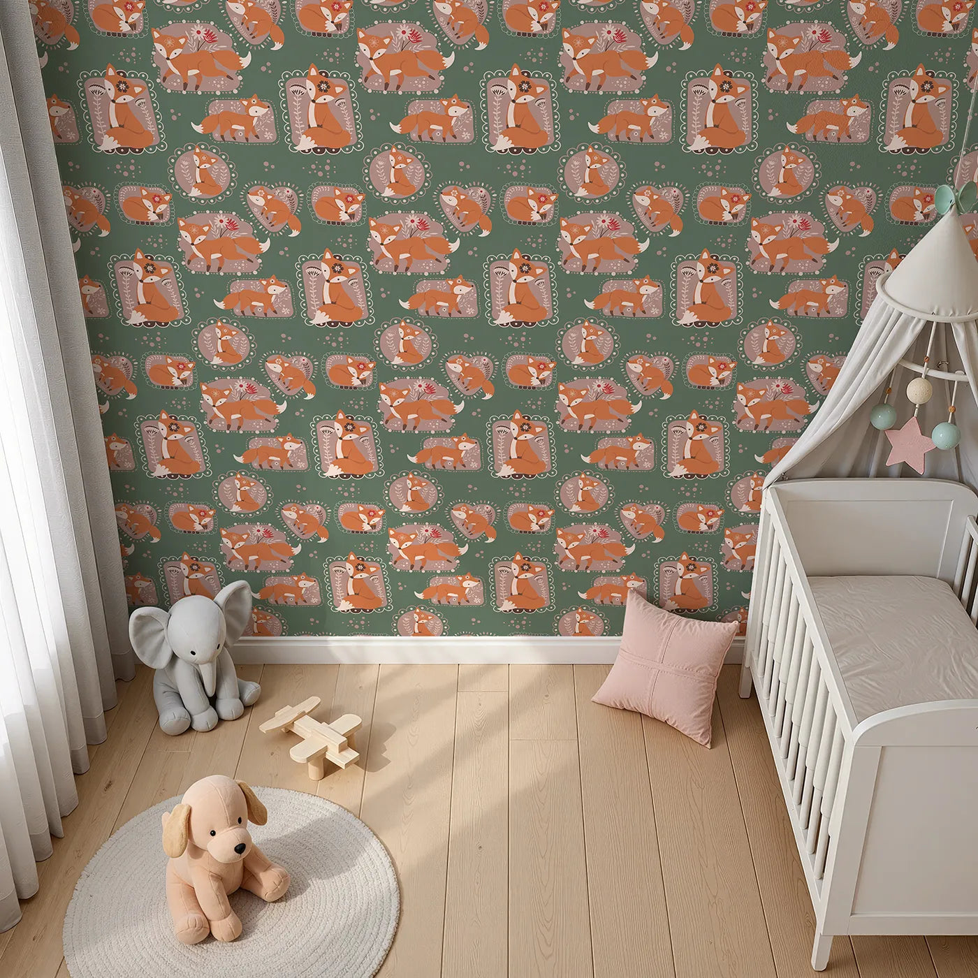 Top-Down view of Whimsy Tots' Fox Meadow Moments Wallpaper in Forest Green (W3094C).Rust-orange foxes bloom inside floral frames on lush forest green.