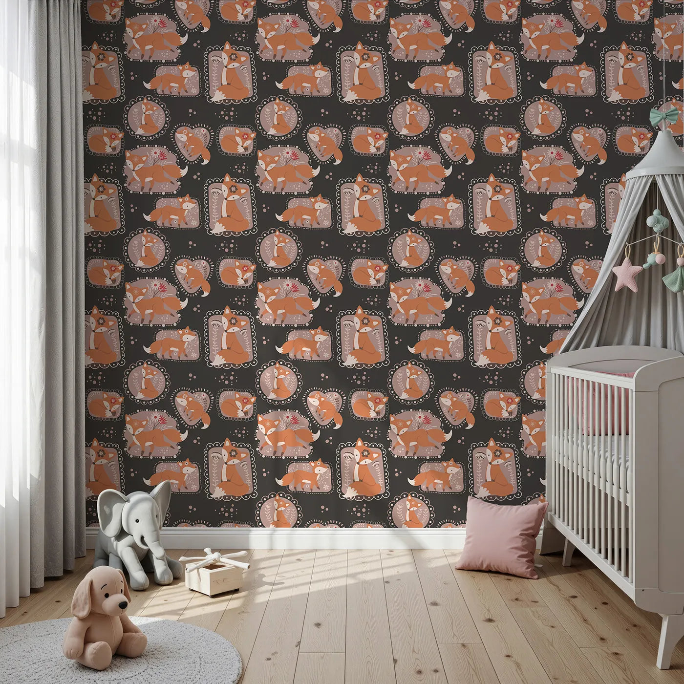 Front view of Whimsy Tots' Fox Meadow Moments Wallpaper in Charcoal Gray