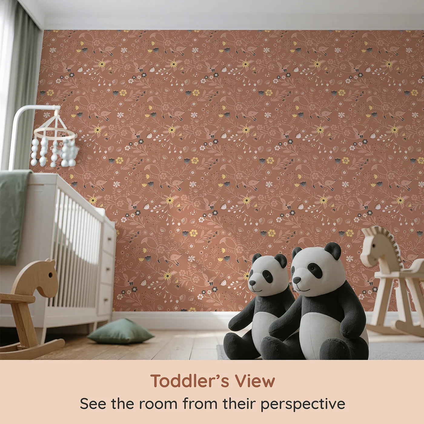 Whimsy Tots Wildflower Fox Dreams Wallpaper in Terracotta (W3095) from your child's view.Playful foxes stretch and snooze among blooming wildflowers.
