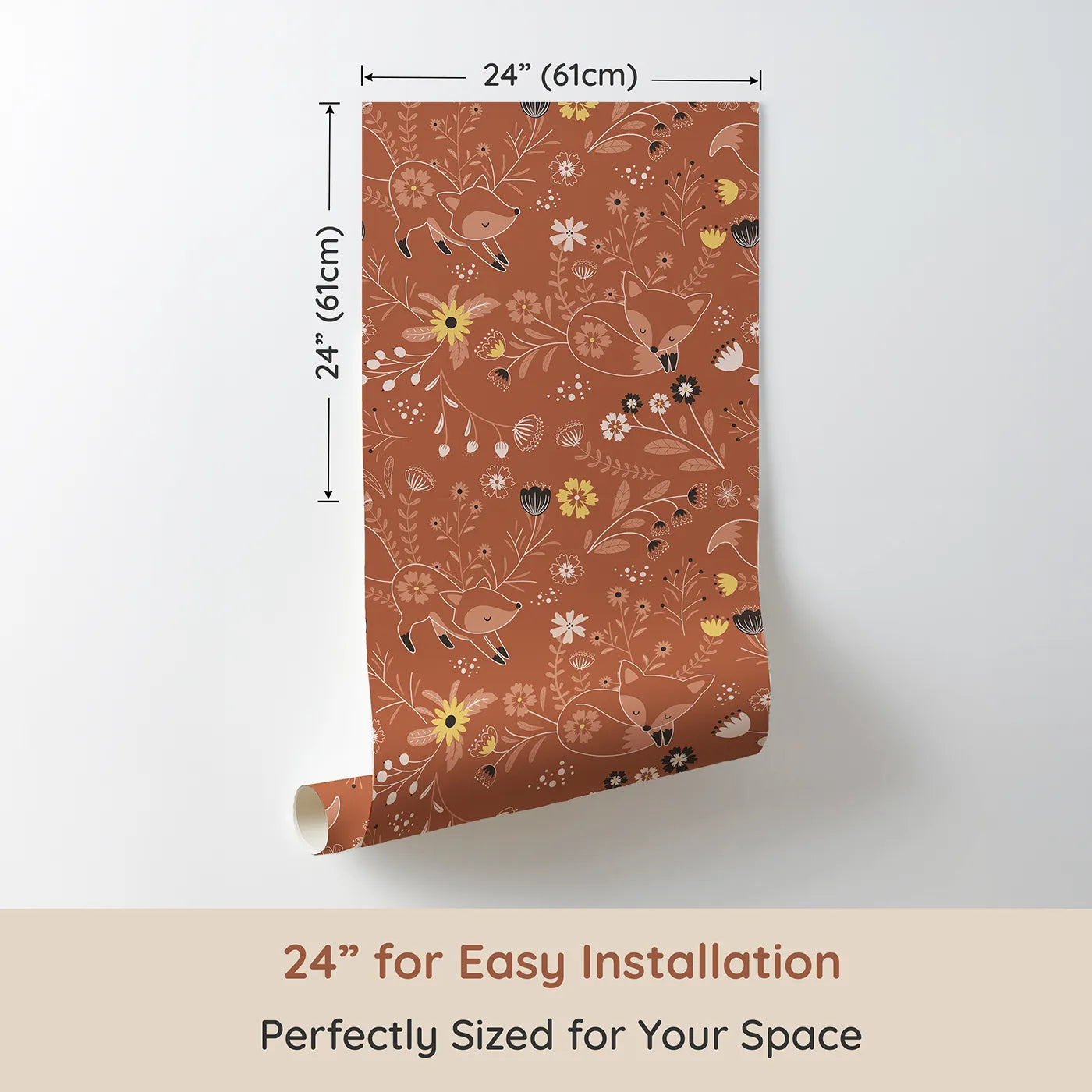 Dimension view of Whimsy Tots Wildflower Fox Dreams Wallpaper in Terracotta (W3095). Printed in 24-inch-wide panel for easy installation. Playful foxes stretch and snooze among blooming wildflowers.